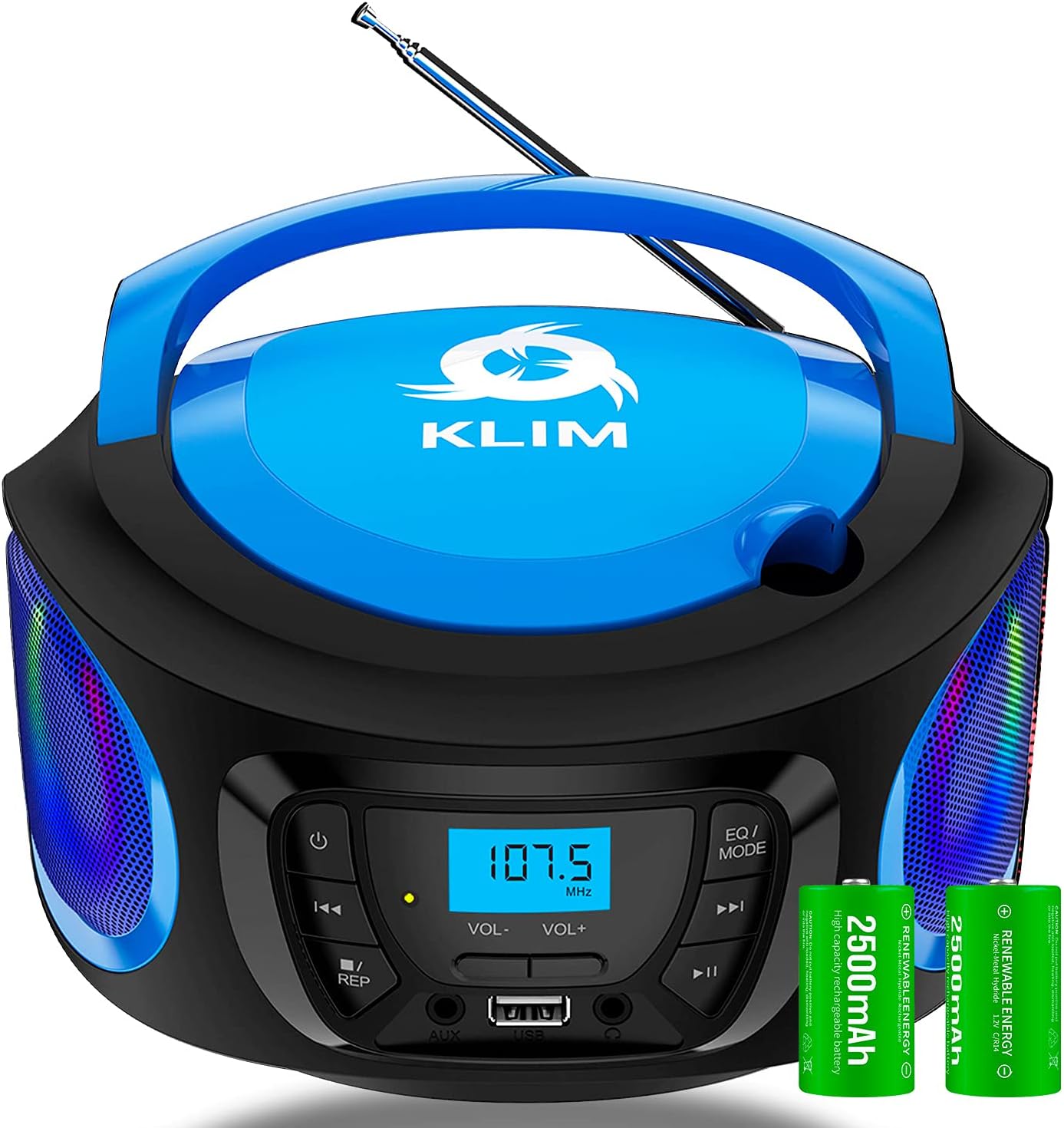 KLIM Boombox Portable Audio System. FM Radio, CD Player, Bluetooth, MP3, USB, AUX + Includes Rechargeable Batteries + Wired & Wireless Modes + Compact and Sturdy + New 2021 - Blue Pack of 2