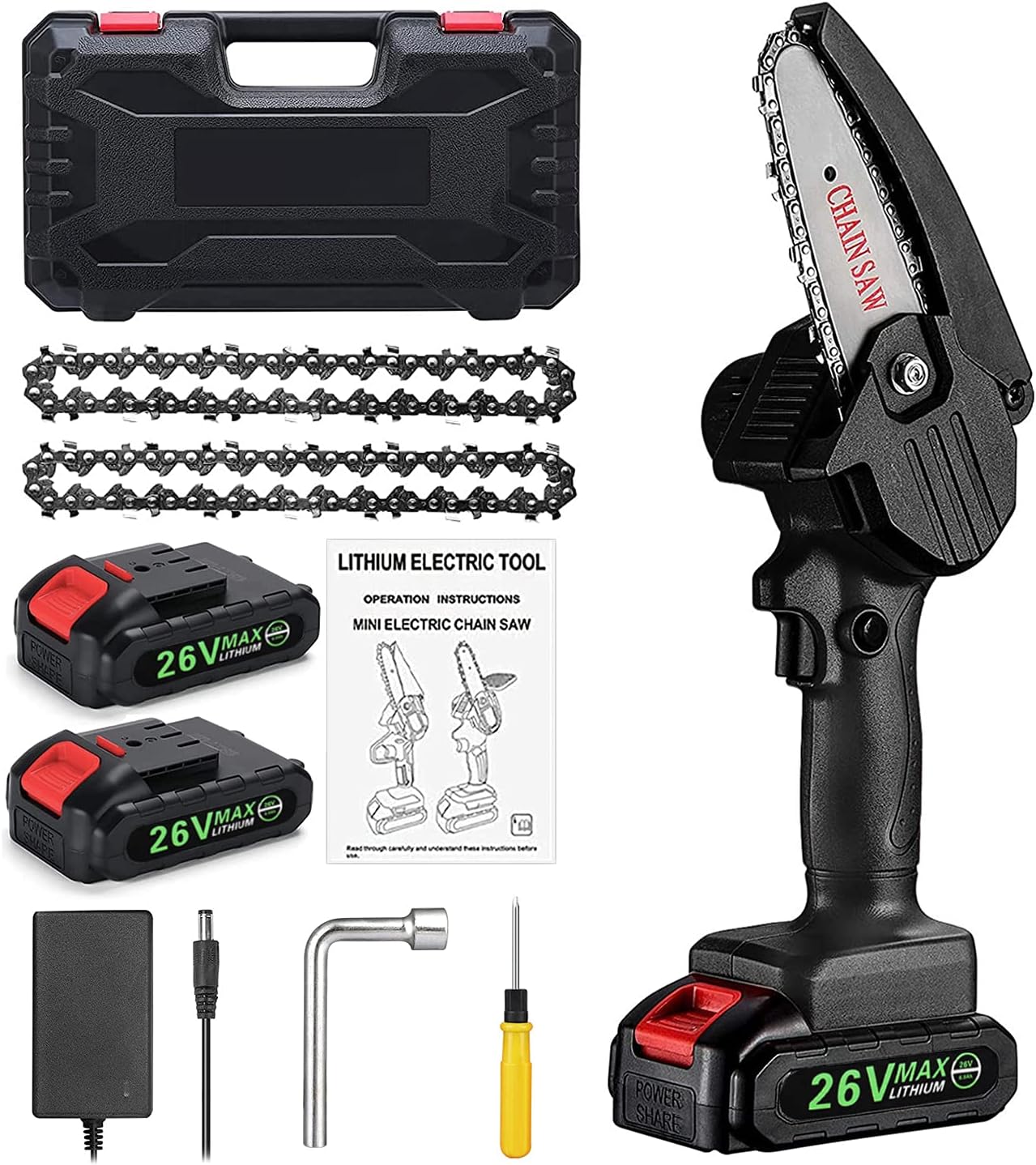 Mini Chainsaw, 4-inch Cordless Electric Chainsaw with 26V Rechargeable Battery, Handheld Cordless Portable Chainsaws, Pruning Shears Chainsaw for Tree Branch Wood Cutting Pack of 2