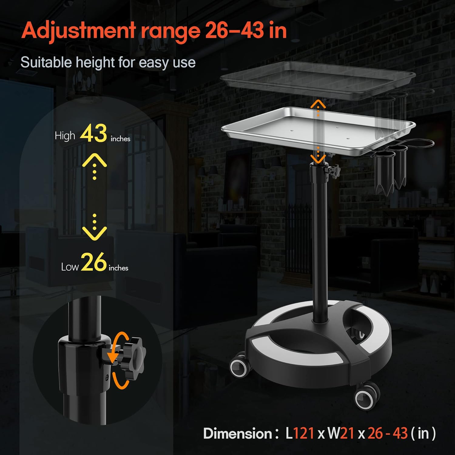 Premium Aluminum Salon Tray Cart Adjustable Height Storage Tray W/Accessory Caddy-Silver