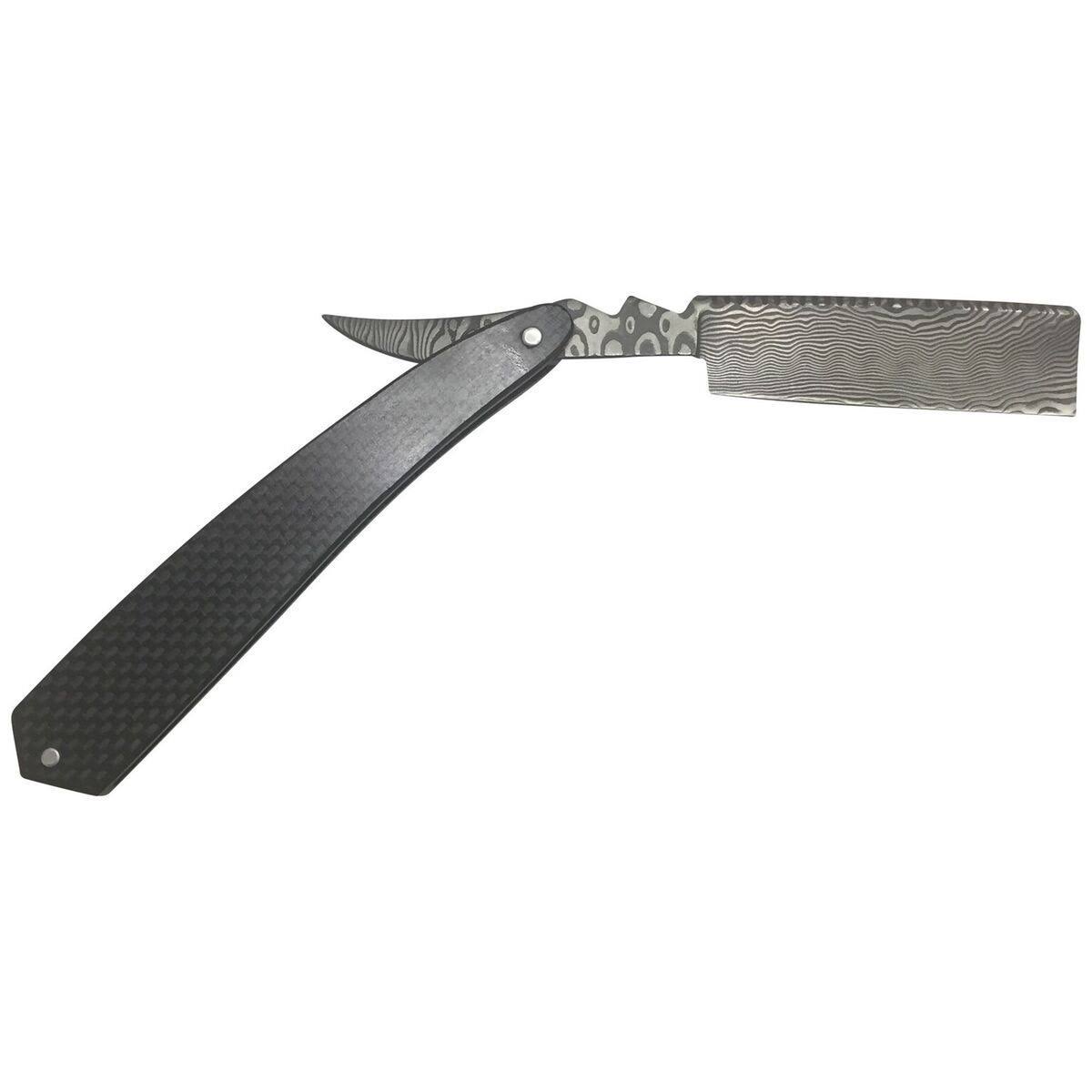 Bastion Damascus Steel Straight Razor with Carbon (Black) Fiber Handle