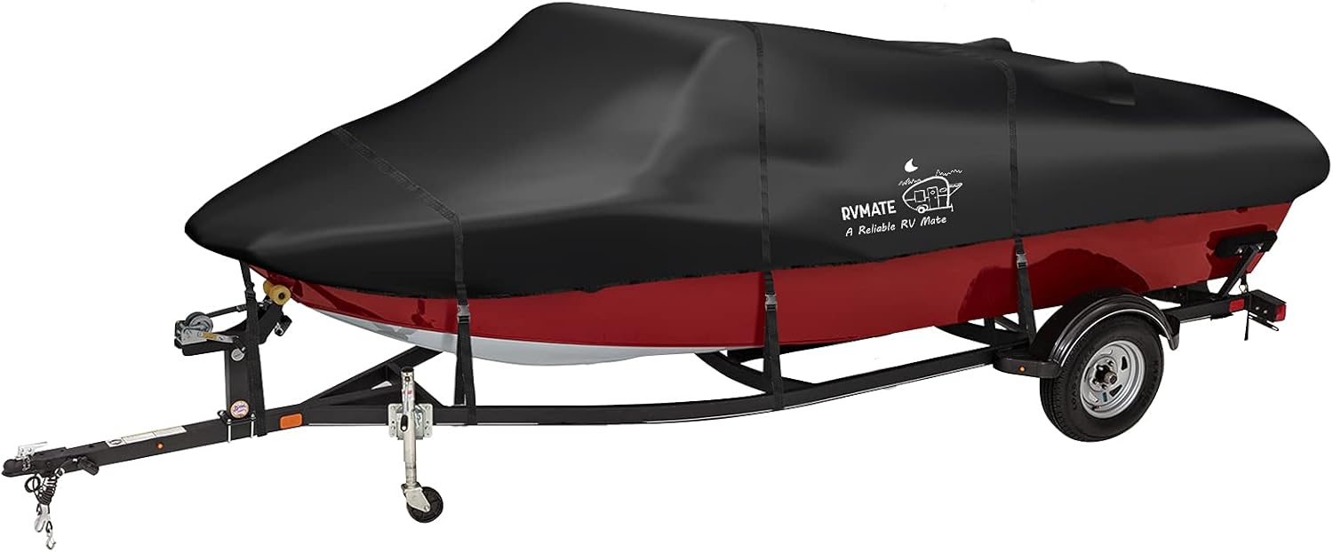 RVMATE Boat Cover, Marine Grade Polyester, 5000 PU Coating, Fits V-Hull, Tri-Hull, Fishing Boat, Runabout, Length: 14&rsquo;-16&rsquo;, Beam Width: 90&rdquo;, Black