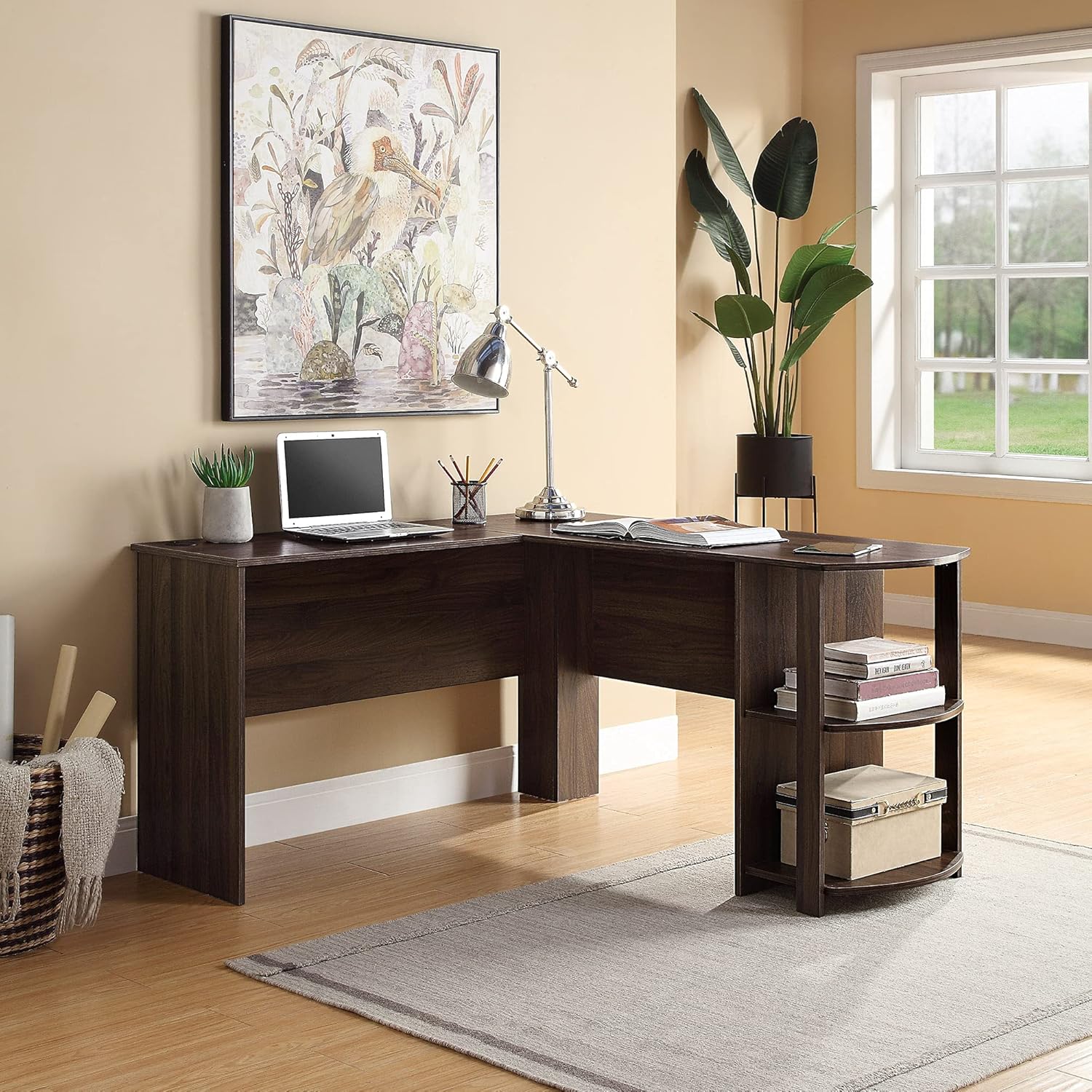 BELLEZE Modern L Shaped Computer Desk, Space Saving Home Office Corner Workstation Setup, Contemporary Display Shelves Three Storage Drawers - Triton (Rustic Oak)