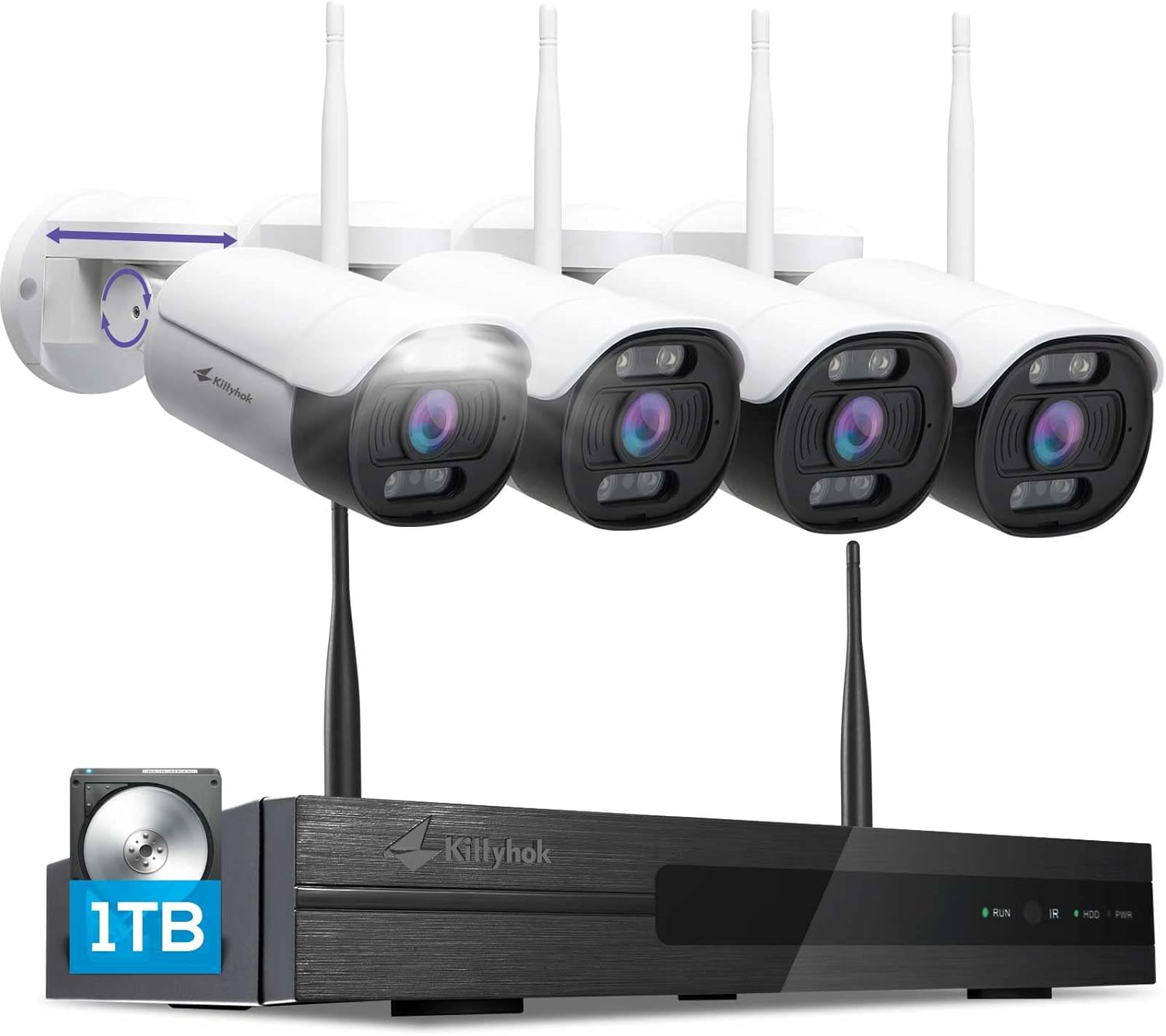 Kittyhok 2K PTZ Wireless Security Camera System Indoor/Outdoor, 3MP WiFi Home Cameras w/ Spotlight, Color Night Vision, 2-way Audio, Human Detection, IP66 Weatherproof, Remote Access, 8CH NVR, 1TB HDD