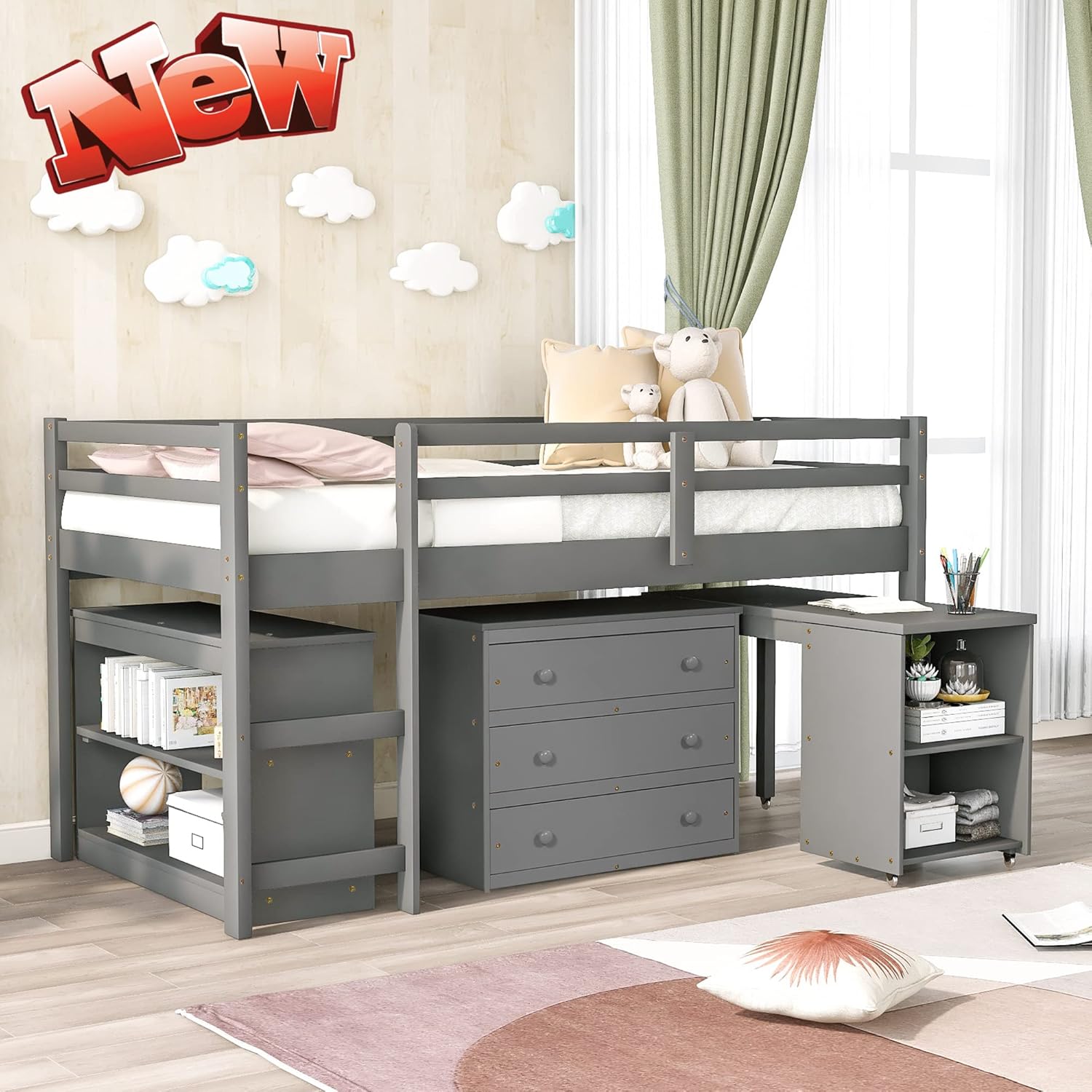 DOONHEXS Luxurious Kids Low Study Loft Bed,Solid Wood Twin Loft Bed Frame with Rolling Portable Desk/Storage Shelf/Guard Rail/Cabinet for Bedroom and Dormitory,Space-Saving Design for Kids (White)