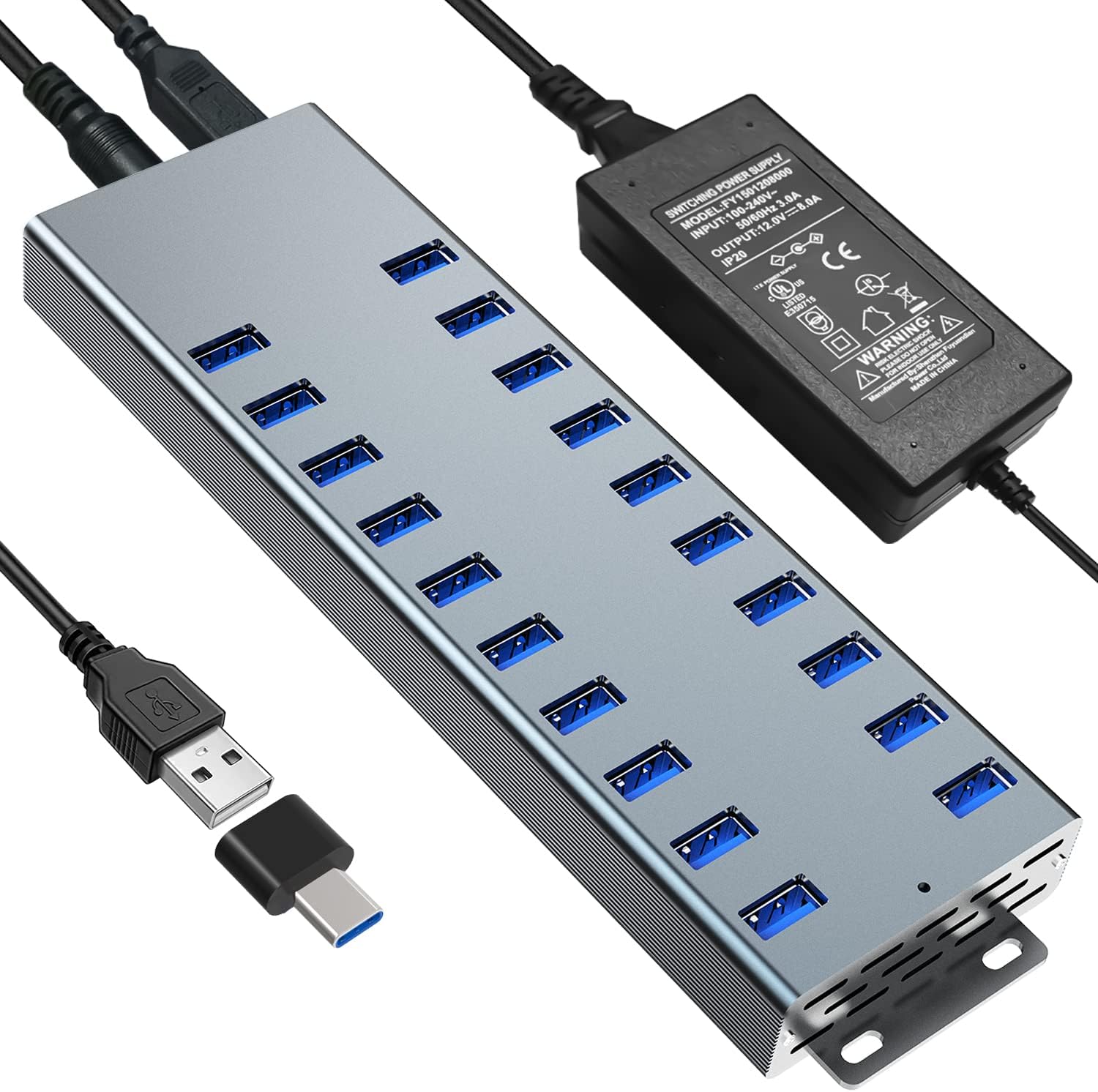 Royata Powered USB Hub Industrial Grade USB 2.0 Hub 20 Port 12V/10 Power Support Charger Data Sync and Charging Station with Separate On/Off Switch and Light for Laptops, PCs,etc. Pack of 2