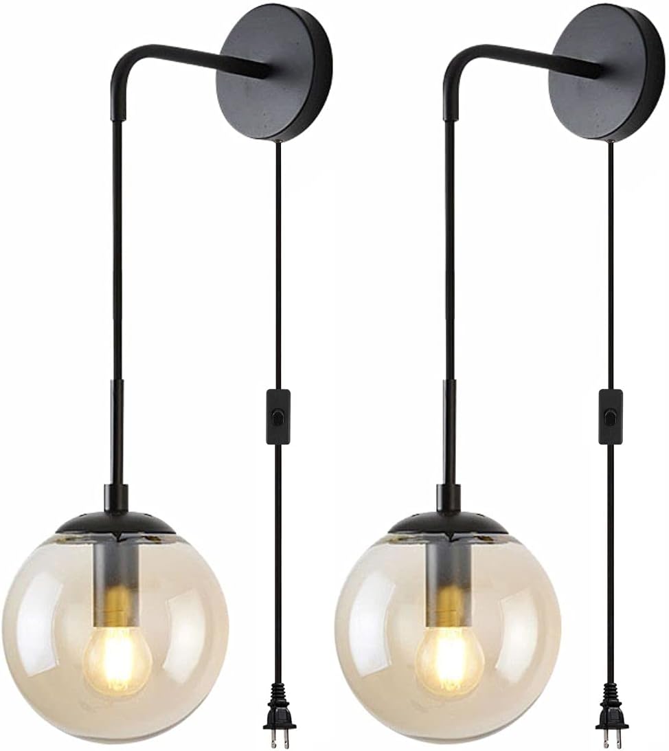 BOKT Black Globe Glass Wall Sconce Modern Industrial Wall Lamp with Clear Lampshade 2 Light Retro Wall Mount Light Sconce for Hallway Dining Room Bedroom Plug in 2 Pack