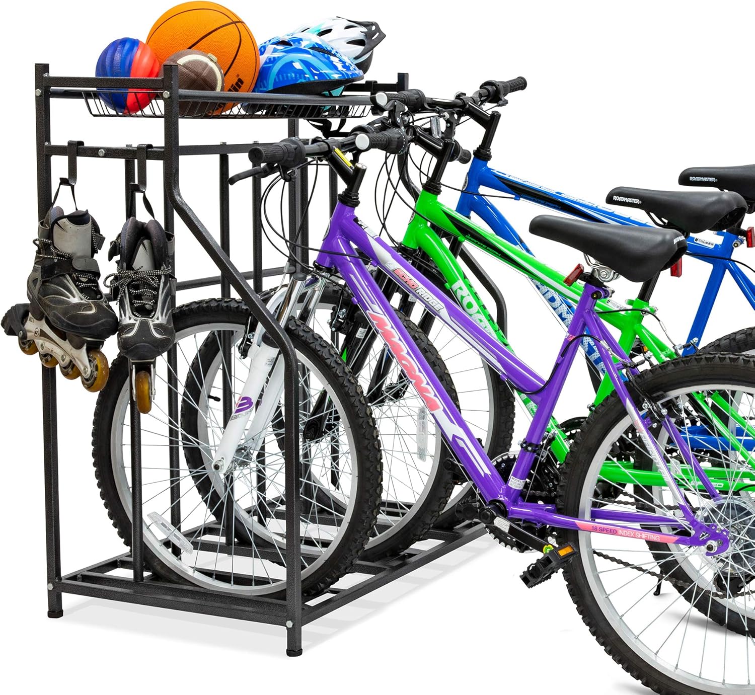 Bike Storage Rack for Garage, 3 Bicycle Floor Parking Stand, Free Standing Bike Rack and Sports Organizer for Road, Mountain, Hybrid or Kids Bikes