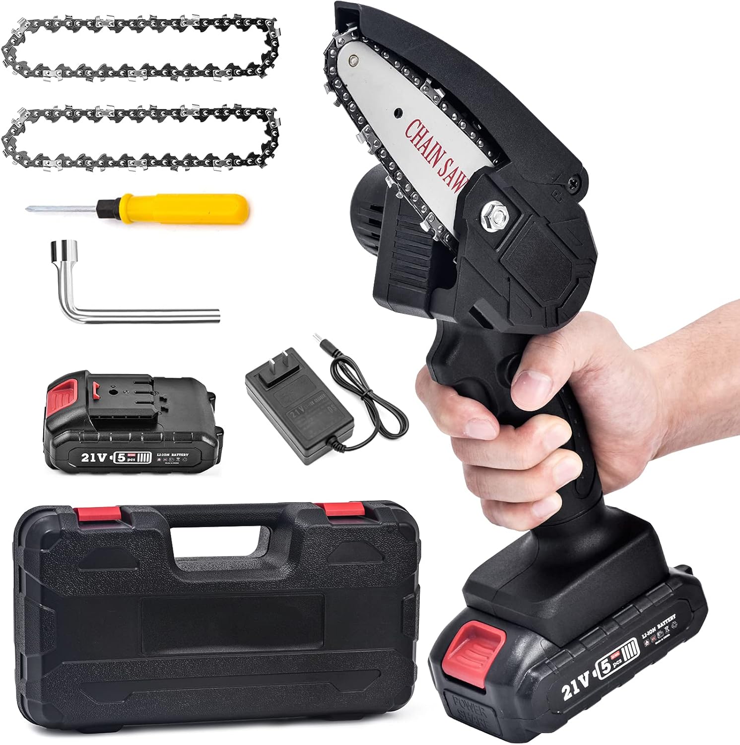 Mini Chainsaw with charger, 2 Batteries, 2Pcs Chains & Tool Case, Cordless Electric Portable Chainsaw Battery Operated Pack of 2