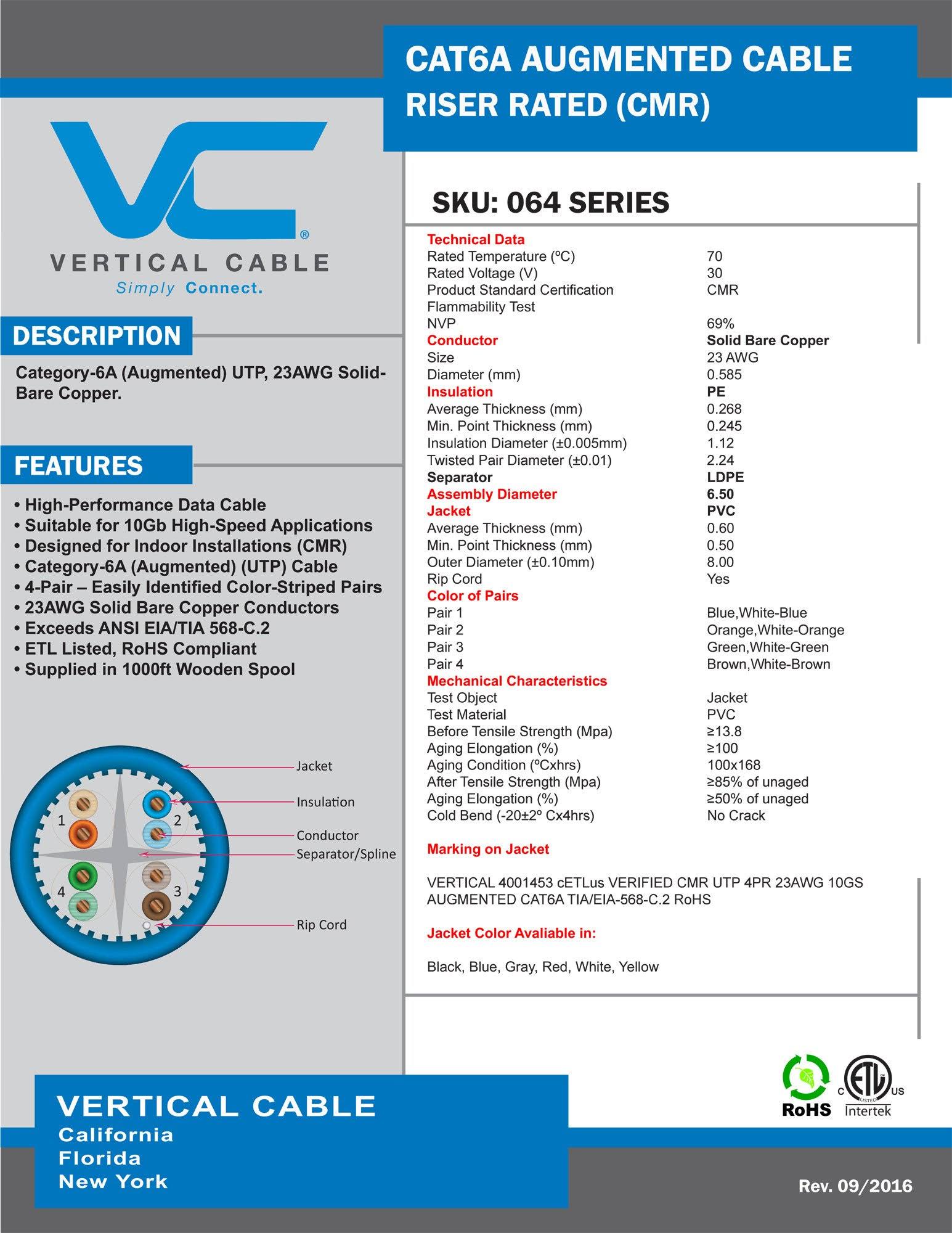 Vertical Cable Cat6a 10G, UTP, 23AWG, Solid Bare Copper, PVC, 1000ft, Black, Bulk Ethernet Cable