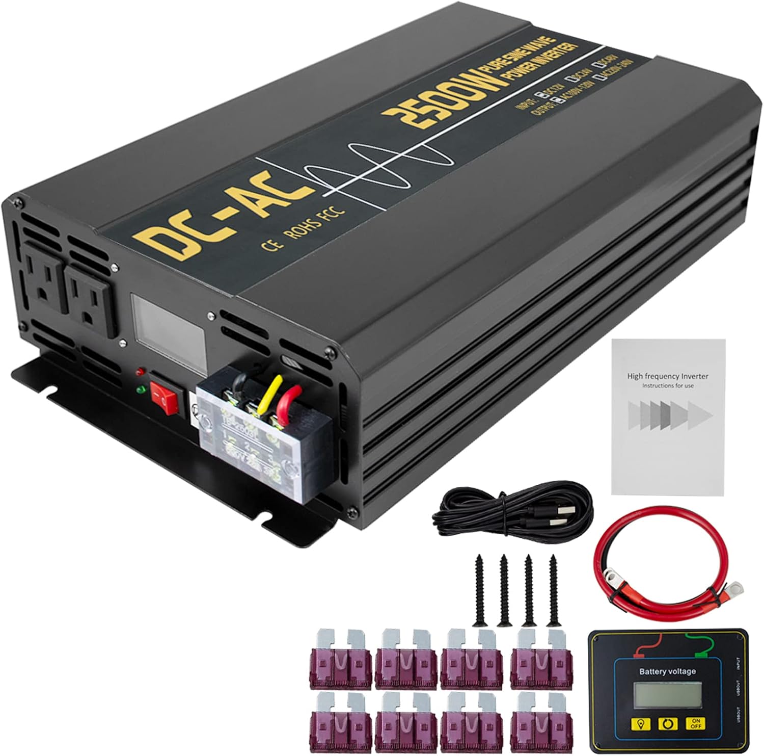 zorvo 2500W/5000W(Peak) Pure Sine Wave Inverter 12V DC to 110V/120V AC with LCD Display Dual AC Outlets One USB Port and Wired Remote Control