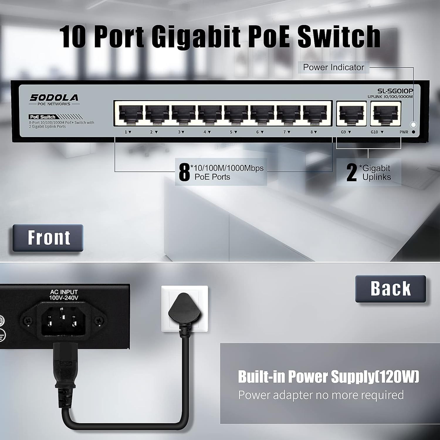 SODOLA 8 Port Gigabit PoE Switch with 2 Gigabit Ethernet Uplink ,8 PoE+ Ports 1000Mbp,120W 48V Built-in Power,802.3af/at Compliant,Fanless Metal,Plug & Play Unmanaged PoE Network Switch Pack of 2