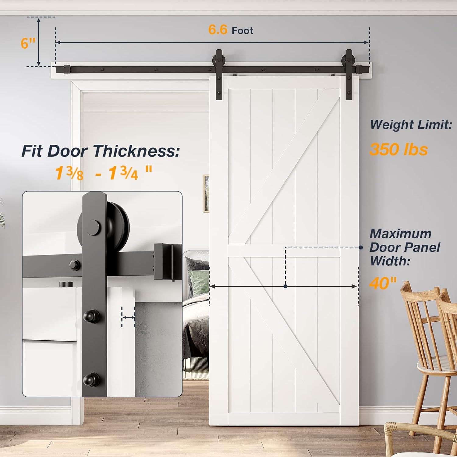 HomLxaLx 6.6ft Barn Door Hardware Kit, Heavy Duty Barn Door Hardware for Single Sliding Barn Door, Easy to Install, Reusable - Fit 1 3/8-1 3/4