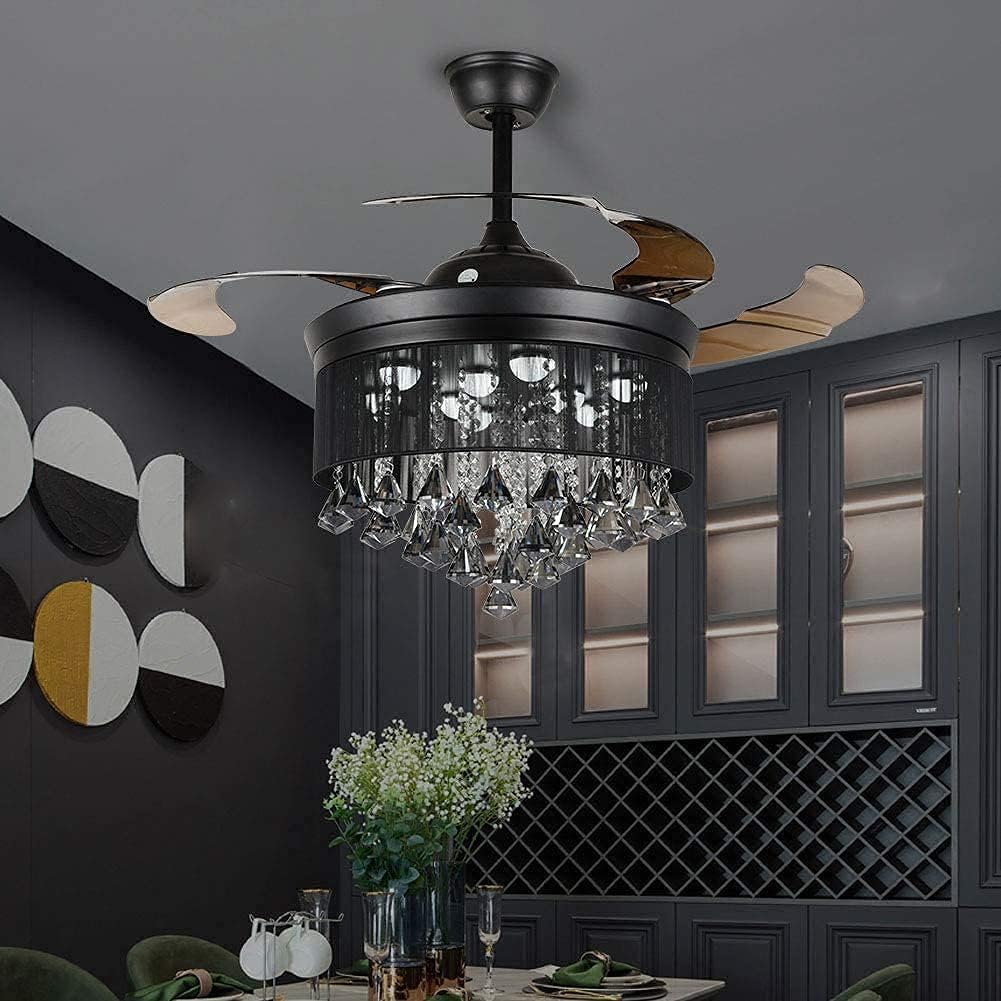 42'' Modern Crystal Ceiling Fans Light with Remote Retractable Blade Ceiling Fan Chandelier LED 3 Colors 3 Speed Fandelier Lighting Indoor for Living Room, Bedroom, Dining Room(Black)