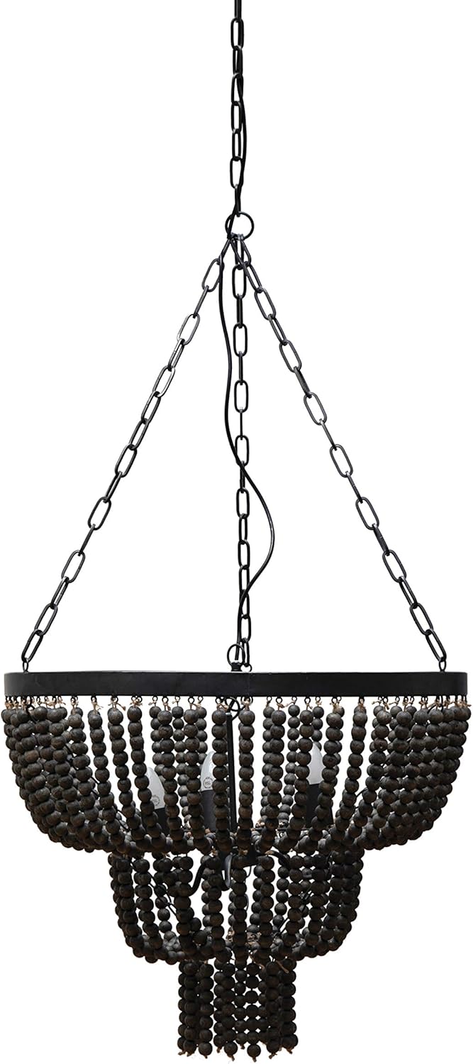 Creative Co-Op DF4150 Rustic Boho Wood Chandelier, 3 Bulb Beaded Light Fixture, Matte Black Pendant Lamp