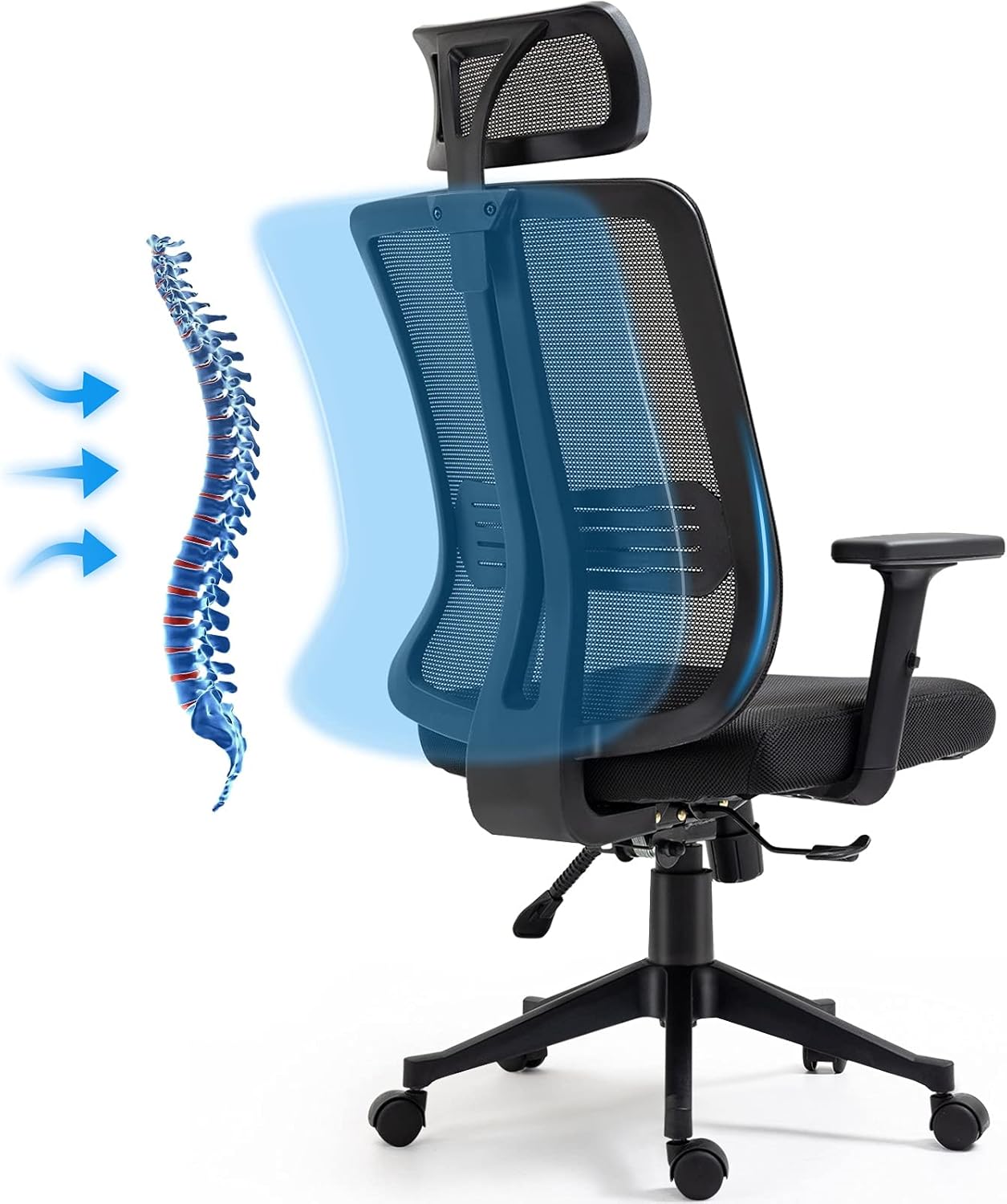 HOMHUM Office Chair Ergonomic Mesh Chair Breathable High Back Computer Desk Chair W/Adjustable Headrest and Lumbar Support, Caster Wheels, Black