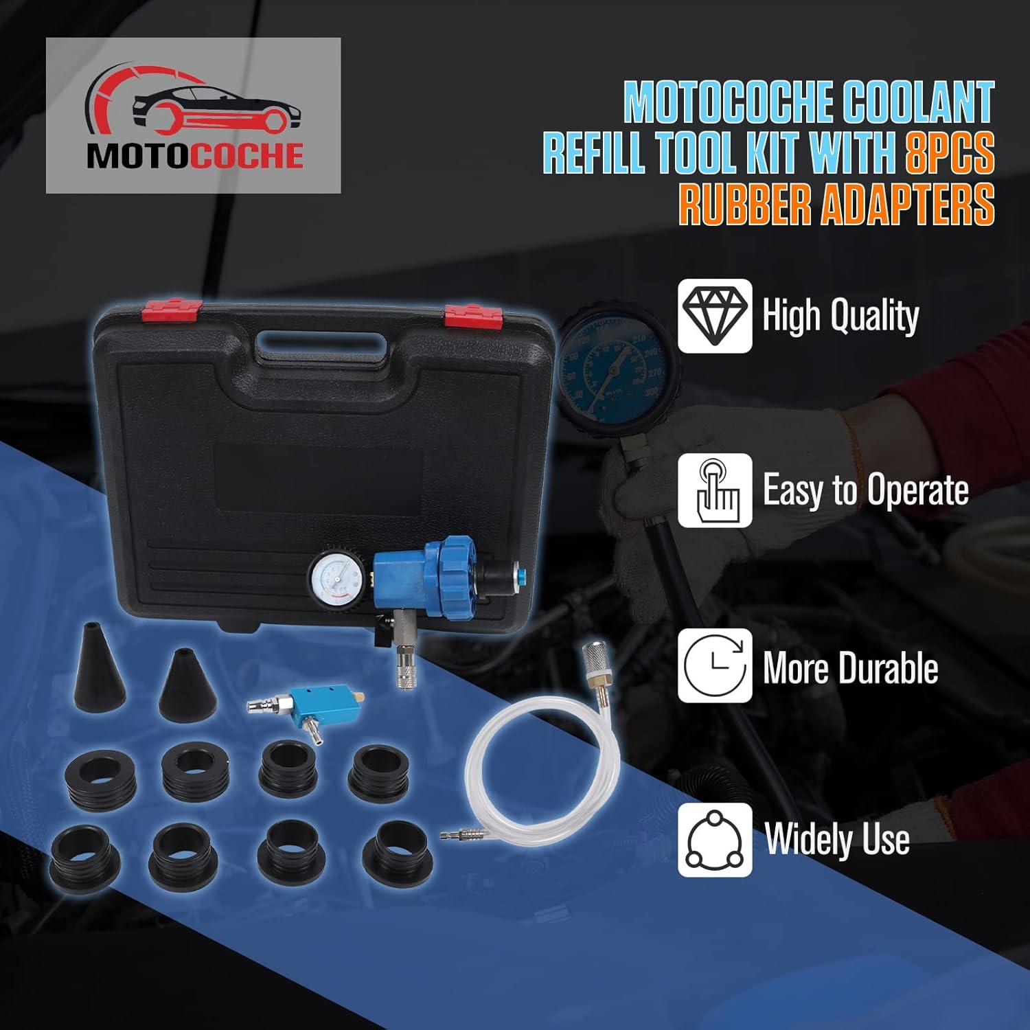 MOTOCOCHE Coolant Vacuum Refill Kit with 2 Tapered Rubber Adapters, Cooling System Vacuum Purge & Refill Kit Compatible with Porsche etc. with 8 Replaceable Adapter Sleeves (35mm 40mm 45mm 55mm)