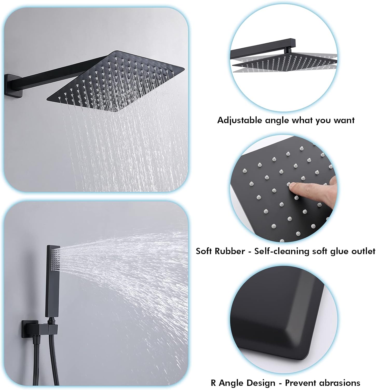 10 Inches Square Shower System Sets with High Pressure Rain Shower Head Handheld, Matte Black Rainfall Shower System with Valve Body and Trim Kits, Brass Bathroom Mixer Shower Set Wall Mounted