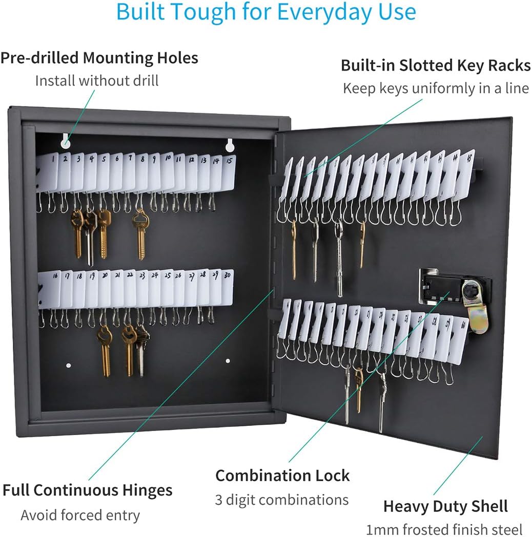 Uniclife 60 Keys Slotted Key Cabinet Steel Security Safe Lock Box with Combination Lock, Black Pack of 2
