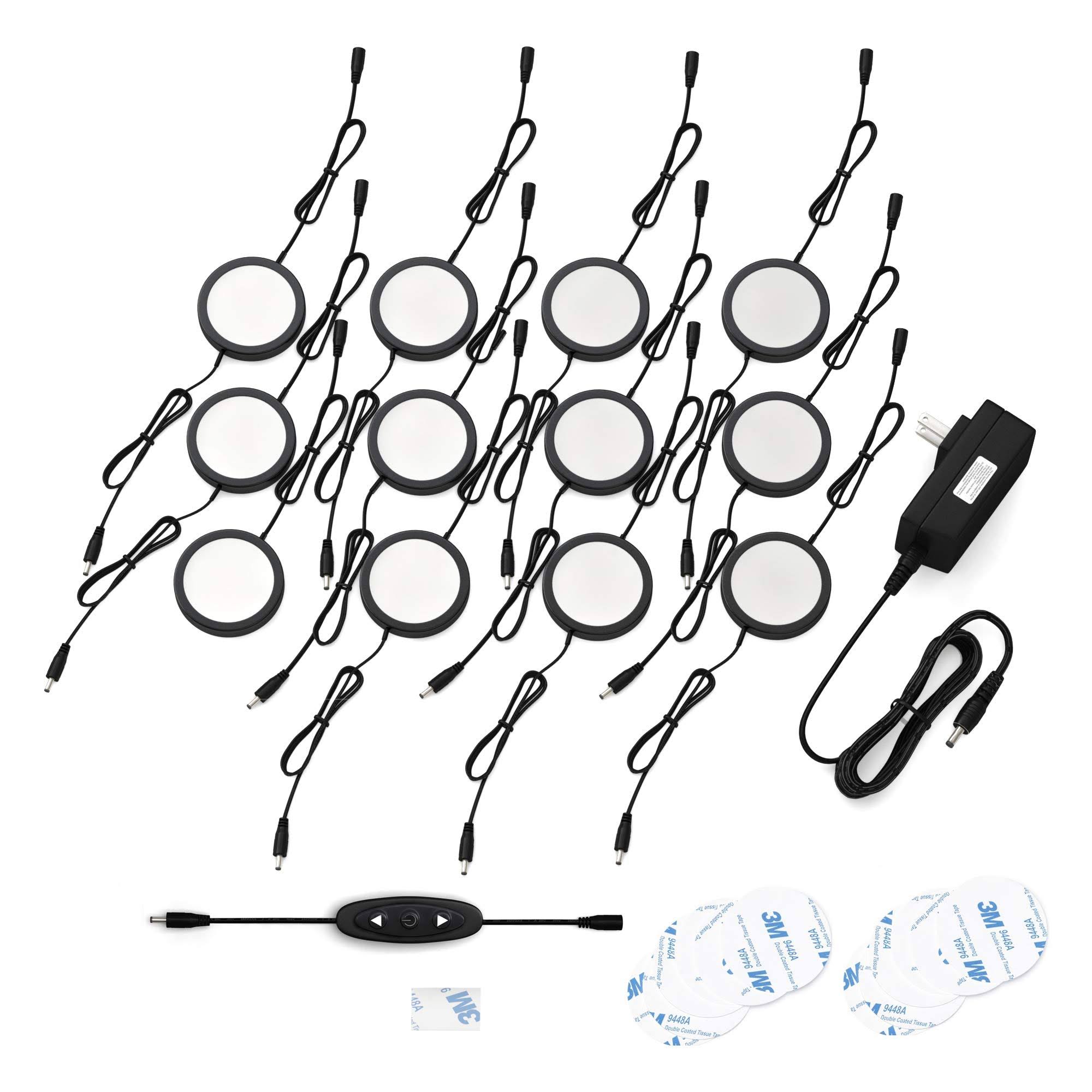 Eshine Black Matte Under Cabinet Puck Lights with Dimmer Switch &ndash; Dimmable &ndash; Pack of 12 Warm White (3000K)