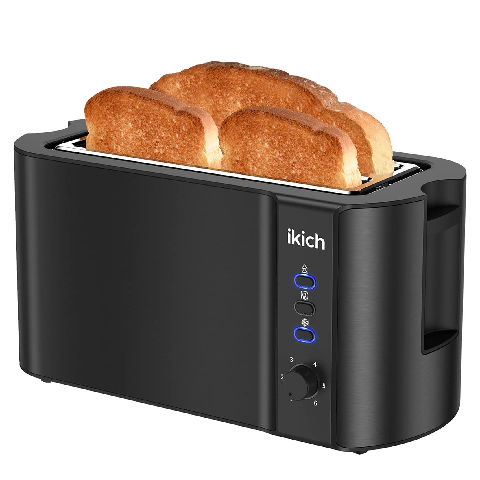 Ikich Toaster 2 Long Slot, Toaster 4 Slice Stainless Steel, Warming Rack, 6 Browning Settings, Defrost/Reheat/Cancel, Removable