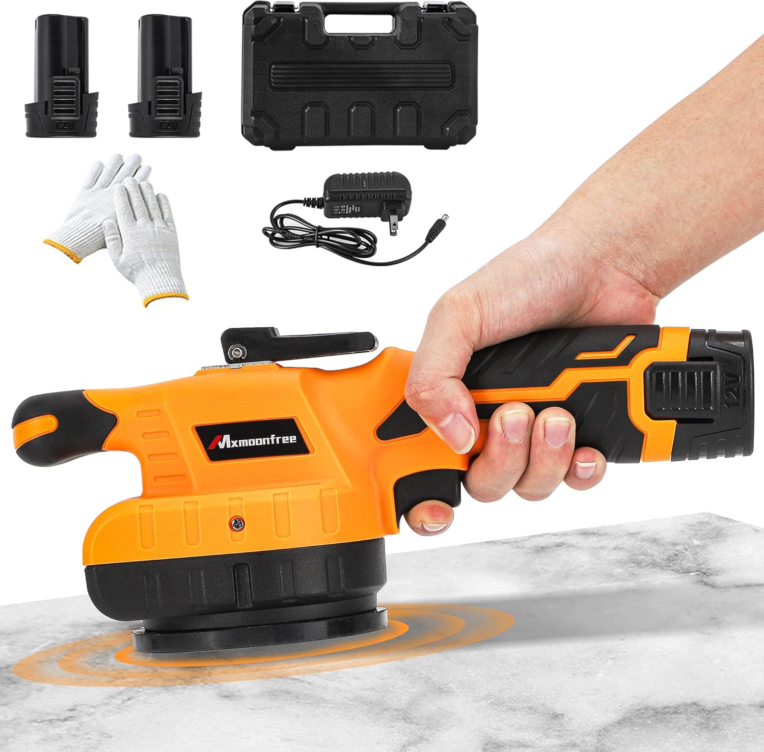 Mxmoonfree Tile Vibration Machine Tile Tiling Machine Vibrator Adsorption Lock Design Stepless Control with Suction Cup, Storage Case, 2 Pcs 2000mAh Battery for Laying Tiles (Orange)