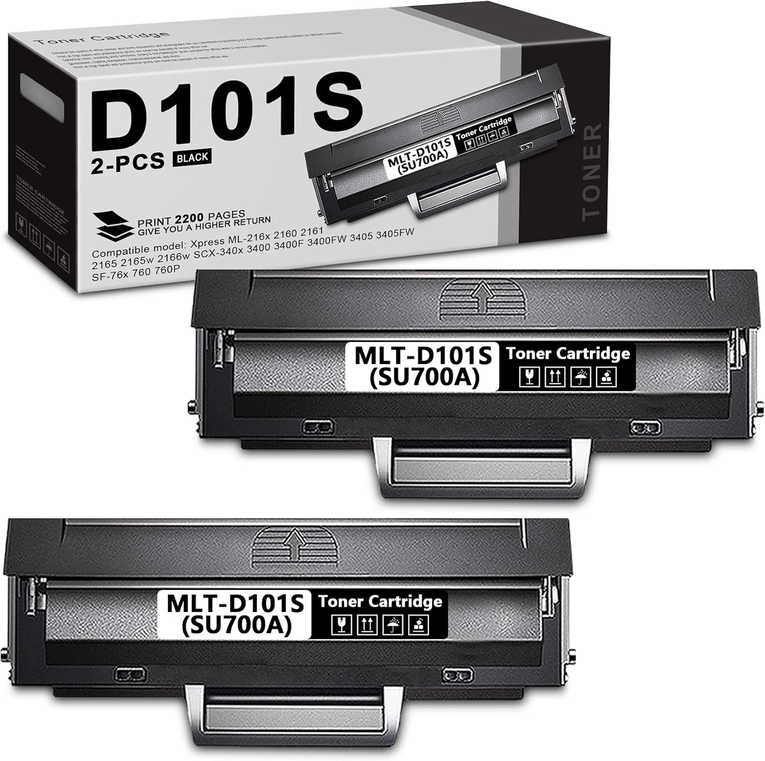 Compatible MLT-D101S (SU700A) Toner Cartridge Replacement for D101S MLTD101S High Yield Xpress ML-216x 2165w 2166w SCX-340x 3400 3400F 3400FW 3405FW 3405F SF-76x 760P Printer (Black, 2-Pack) Pack of 2