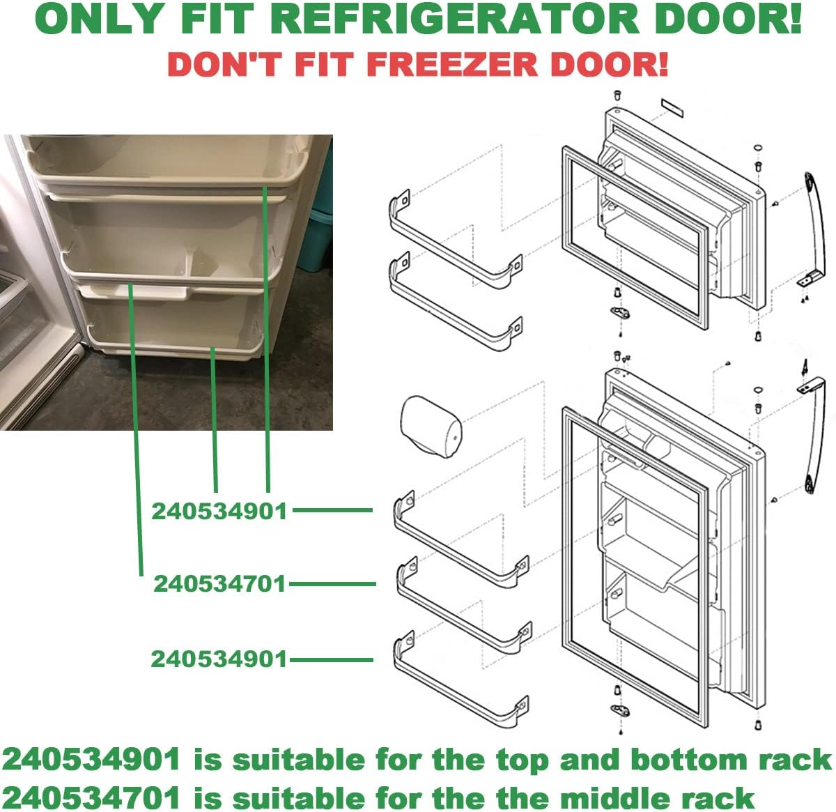 240534701 & 240534901 Refrigerator shelf retainer bar parts Compatible with frigidaire or kenmore Door Shelf Rack Bar Rail, （2 X 240534901 & 1 X 240534701) Replaces AP3214631 PS734936 948952 AP3214630 PS734935 948954 AH734935 EA734935