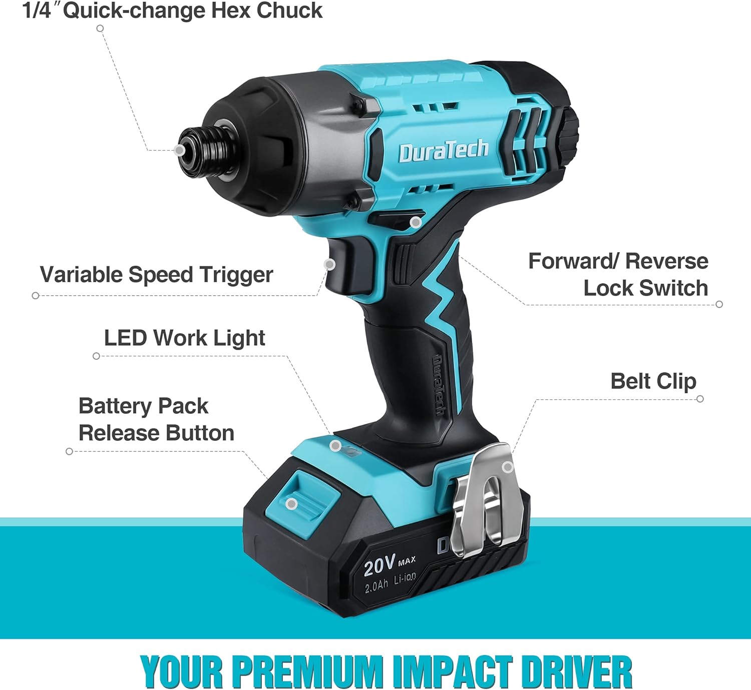 DURATECH 20V Cordless Impact Driver Kit, 1/4-Inch Power Impact Driver with 20-piece Durable Bits, 1500In-lbs, 2600RPM, LED Light, 2.0Ah Battery and Fast Charger Included