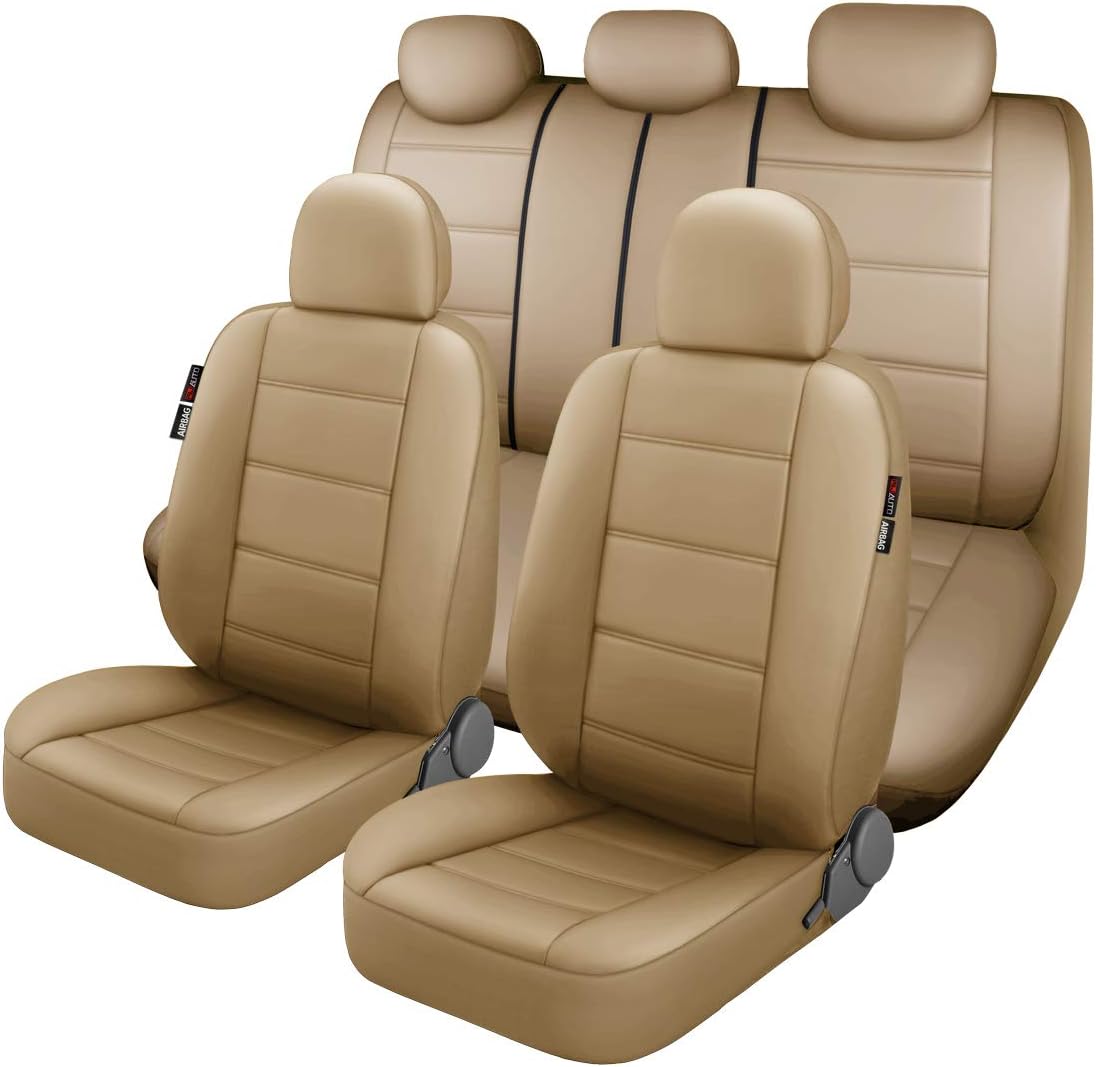 P&J AUTO Premium PU Leather Car Seat Cover Full Set in 11pcs Universal Fit for Most Cars SUVs Trucks Vans Airbag Compatible Black