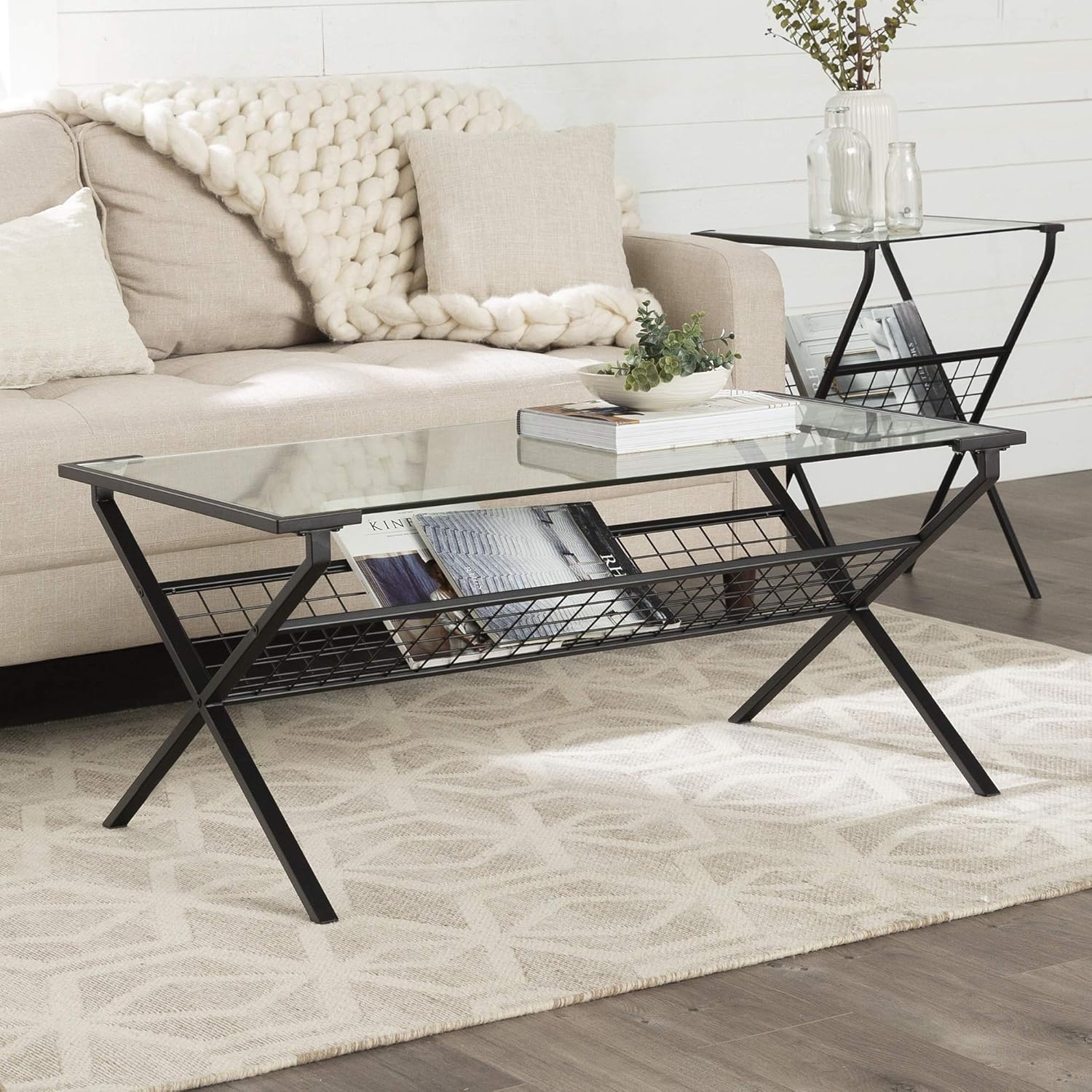 Walker Edison Modern Metal and Glass Square Side Table with Magazine Storage Shelf Living Room Small End Accent Table, 17 Inch, Black