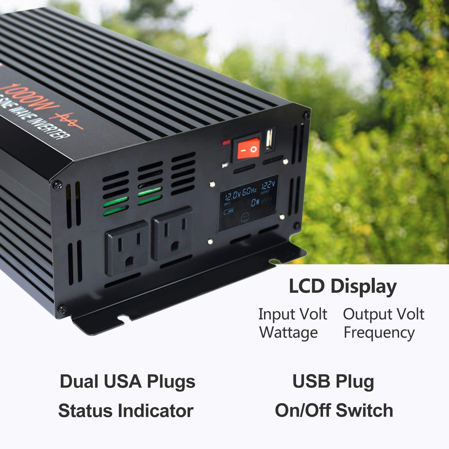 aeliussine Power Inverter 1000W Pure Sine Wave Inverter 12v DC to AC 110v 120v Peak 2000 Watt Converter with LCD Display USB Charge Port for Car RV Boat Solar Power System.
