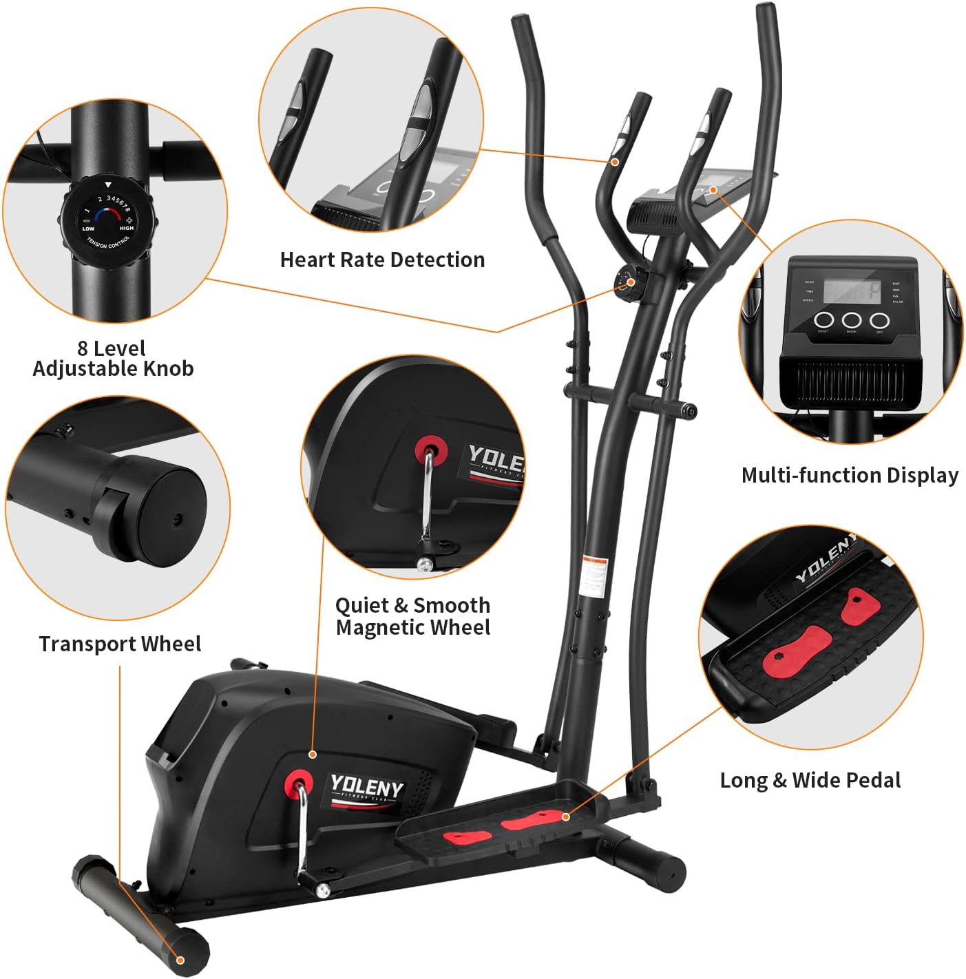 YOLENY Elliptical Trainer, Magnetic Elliptical Machine with Multiple Resistance Levels, Portable Elliptical Trainer with LCD Monitor and Pulse Rate, Smooth Quiet Driven for Home Gym Office Workout