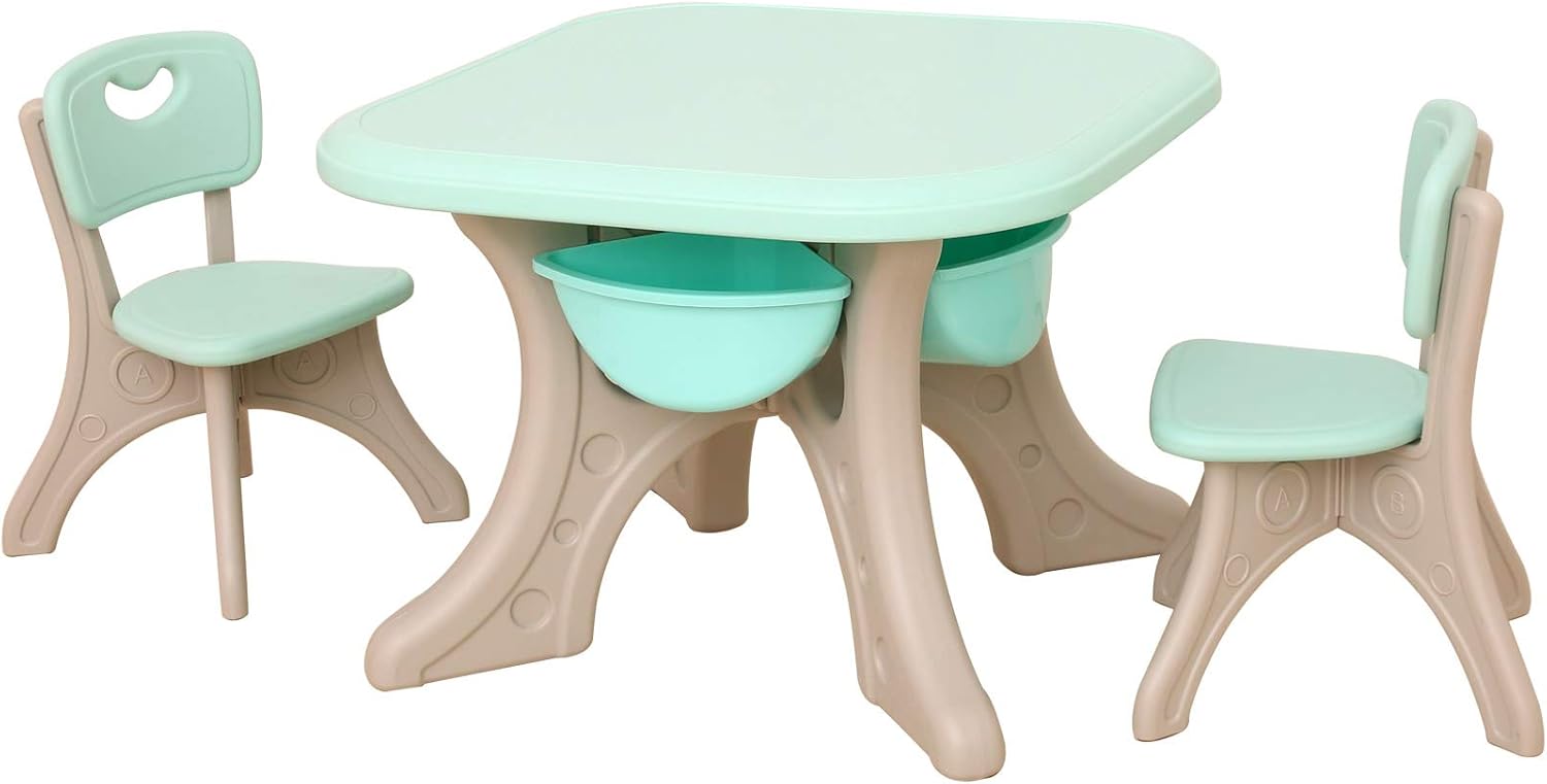 UNICOO - Kids Table and Chairs Set, Children Activity Art Study Desk with 2 Seats & 4 Storage Bins (3 Piece Set - Green)