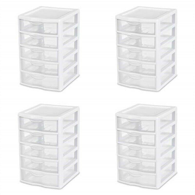 Sterilite 20758004 Small 5 Drawer Unit White Frame with Clear Drawers 4-Pack