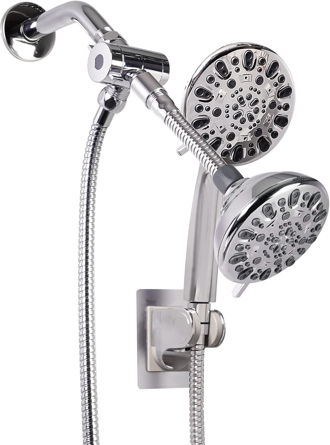 High Pressure Shower Head Rainfall Combo,7-spray Shower with 3-way Diverter, Adhesive Shower Holder 360-degree Swivel 6’’ Shower Arm Extension, 7-setting Handheld Shower Head Chrome with 6.6 ft Hose Pack of 2