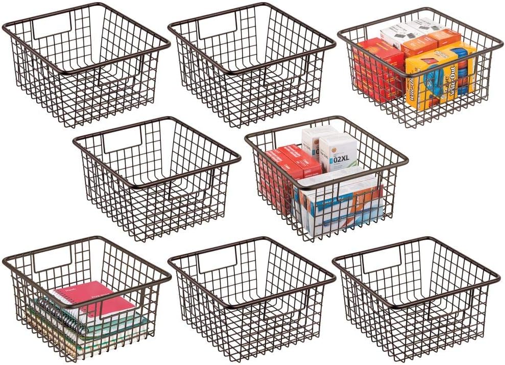 mDesign Farmhouse Metal Wire Storage Organizer Bin Basket Holder with Handles - for Home, Office Supplies, Desk, Paper, Colored Pencils, Markers, Tape, Folders, Notepads - Medium, 8 Pack - Bronze Pack of 2
