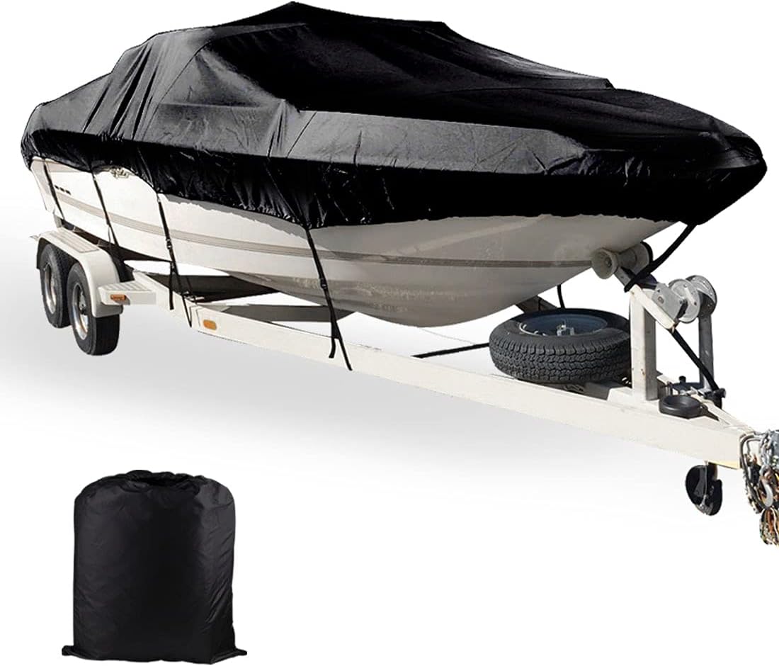 Gimvehhi Trailerable Boat Cover Fits 17ft-19ft, 800D Marine Grade Oxford Cloth PU Coating Fits V-Hull Tri-Hull Bass Boats, 100% Waterproof Windproof Dustproof-Black
