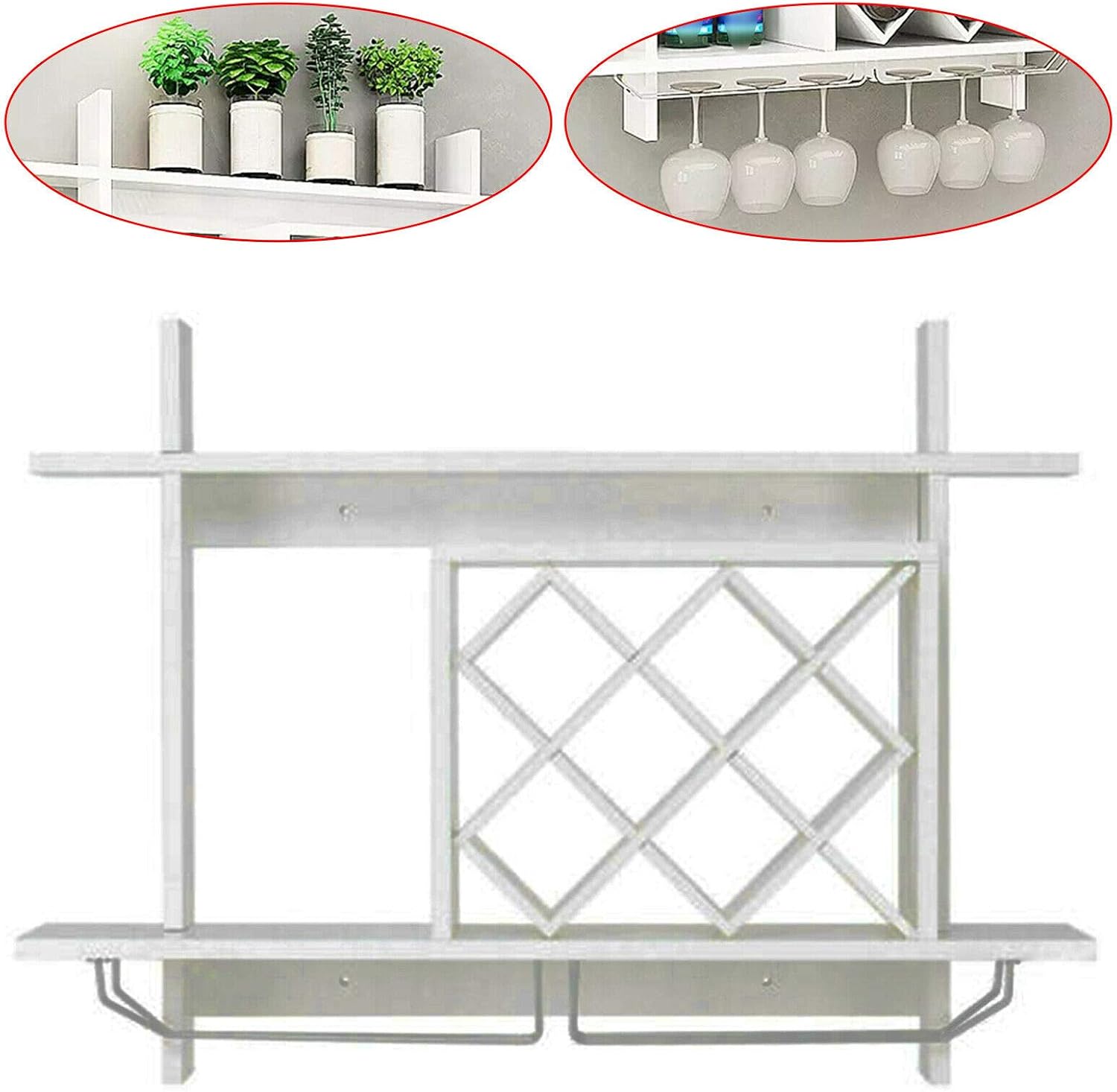 Wine Bottle Rack Cabinet Storage Shelves with Glass Holder Wall Mounted White