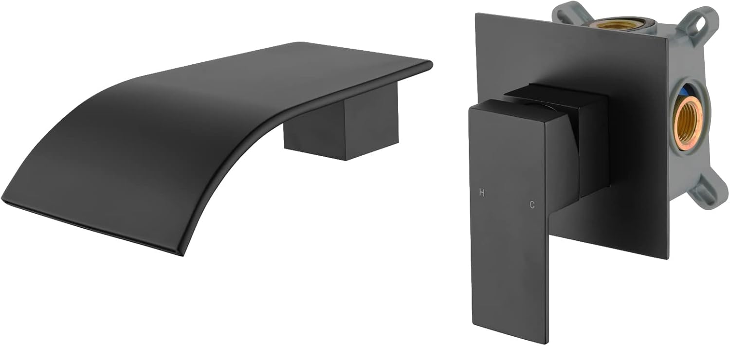 AUU Wall Mount Roman Tub Filler Faucet, Matte Black Waterfall Bathtub Faucet Single Handle, Rough-in Valve Included