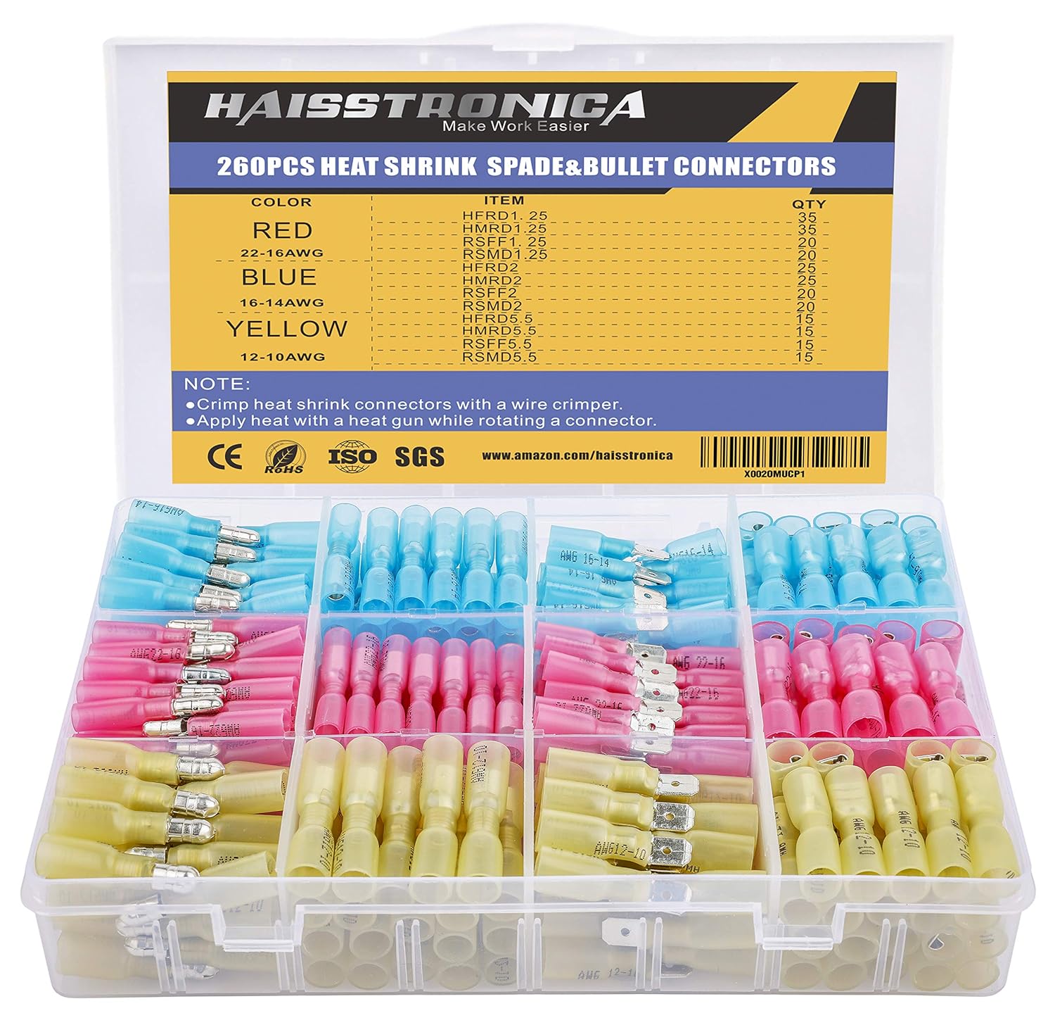 haisstronica 260PCS Heat Shrink Spade Connectors&Heat Shrink Bullet Connectors Kit-AWG 22-12 Quick Disconnect Wire Connectors-Female and Male Spade Bullet Terminlas(3Colors) Pack of 2