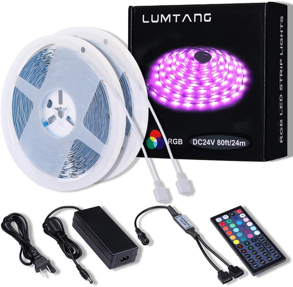 LED Strip Lights, 80ft RGB Led Strip SMD 5050 LED Lights, Color Changing Light Strip with 44 Keys RF Remote Controller 24V UL Power Adapter (White) Pack of 2