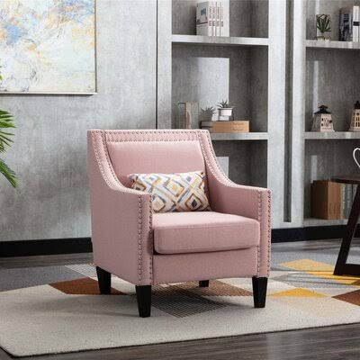Accent Armchair Living Room Chair with Nailheads and Solid Wood Legs Beige Linen Red Barrel Studio Fabric: Pink Linen Blend