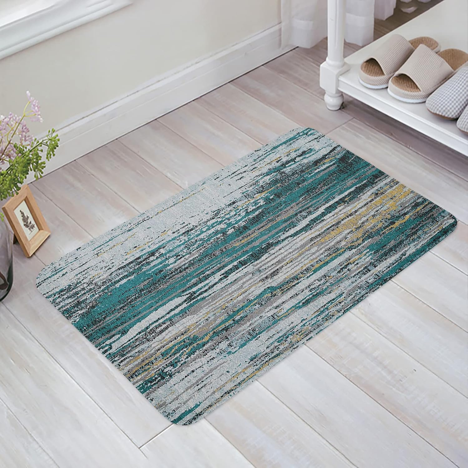 Prironde Blue Grey Door Mat Outdoor Indoor Kitchen Mat Abstract Art Geometric Door Mats for Home Entrance Non-Slip Bathroom Rugs Washable Floor Mats for Sink/Porch 16x24inch