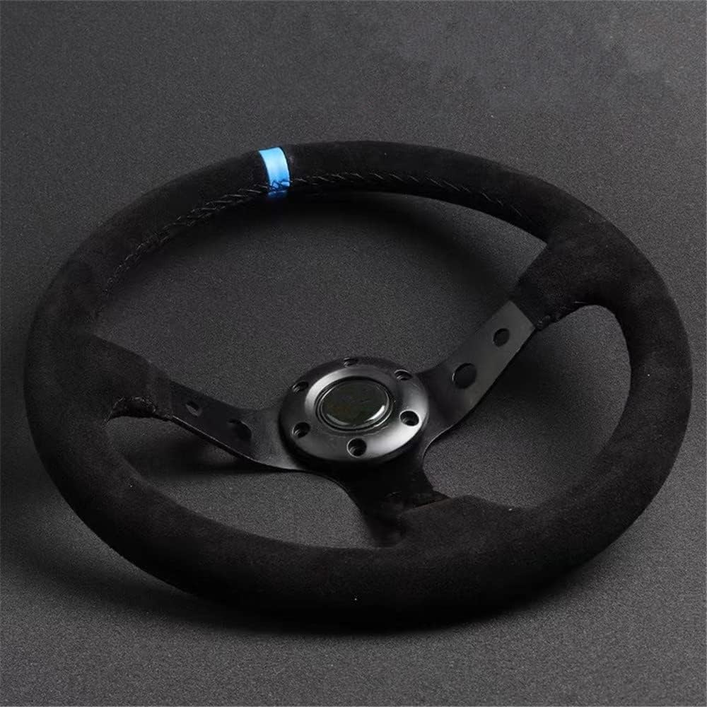 Modified Steering Wheel, 350mm Deep Dish 6 Bolt for JDM Sport Racing Steering Wheel Suede Horn Button Included, Cable, Wrench 14 inches (Black-red)