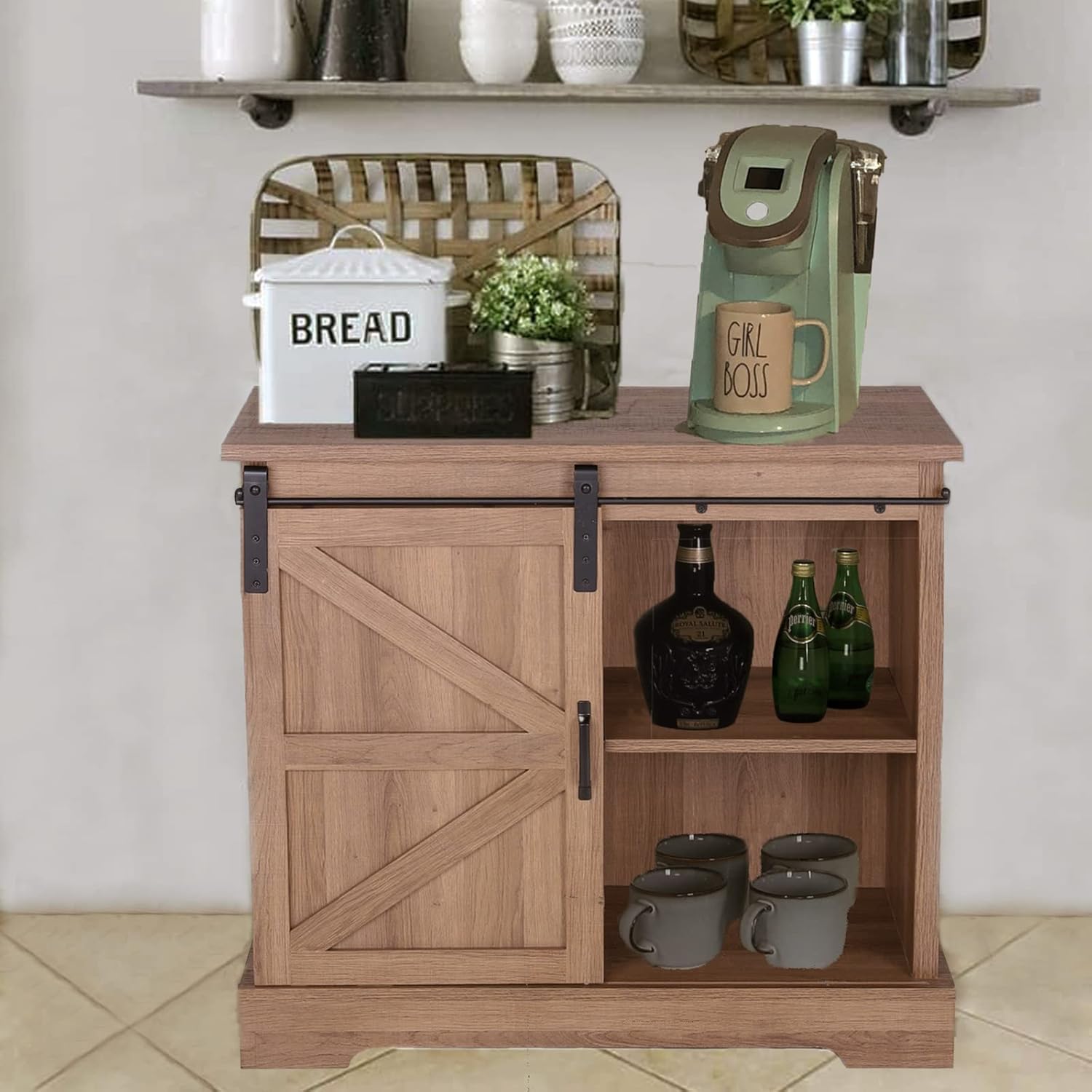 Sophia & William Farmhouse Sliding Barn Door Storage Cabinet Chest, Accent Decorative Coffee Bar Sideboard Buffet Furniture for Home Kitchen Dining Room Living Room Bedroom, 31.5