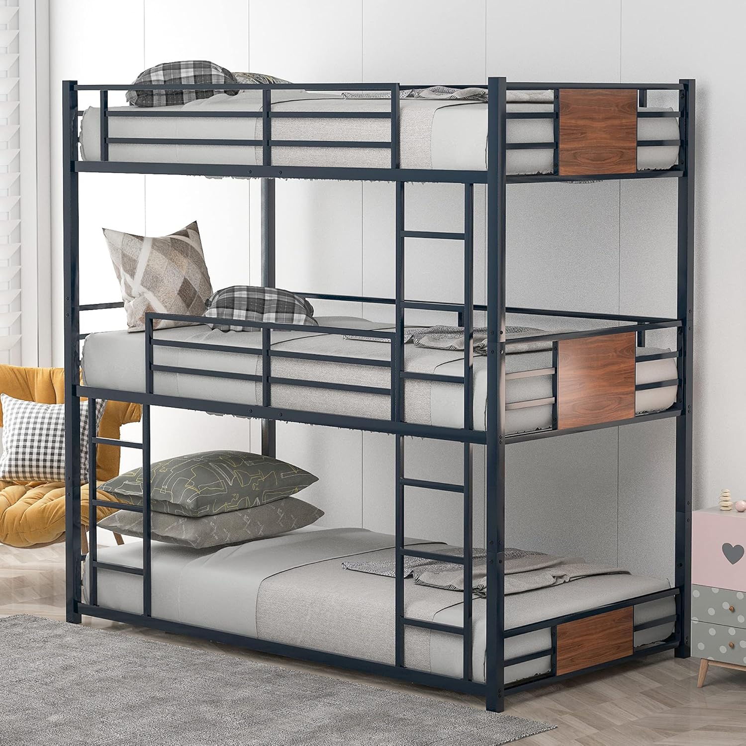 P PURLOVE Twin Triple Bunk Bed, Twin Over Twin Over Twin Metal Bunk Bed Frame with Ladder, No Box Spring Needed (Black)
