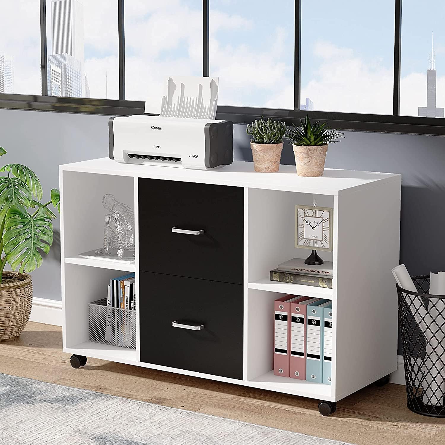 File Cabinet with 2 Drawer, Lateral Mobile Filing Cabinet Letter Size, Large Printer Stand with Open Shelves for Home Office (Black & White)