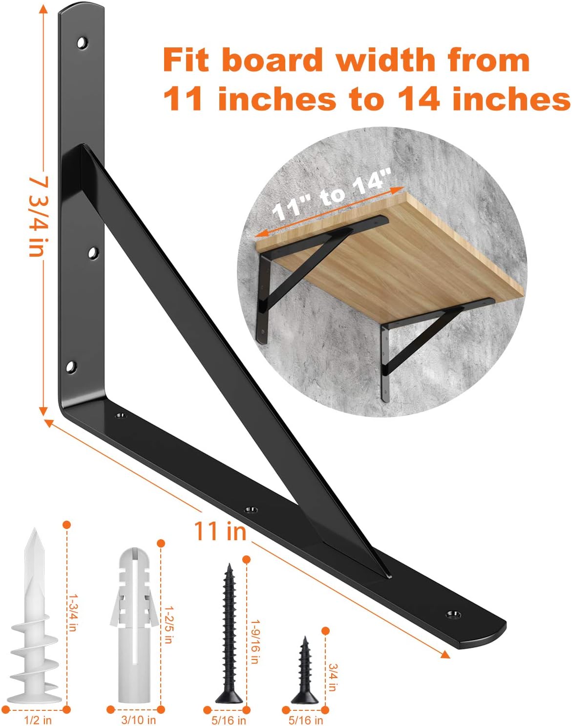 LuckIn 12-Pack Shelf Bracket 11 Inch for Floating Shelf, Heavy Duty Wall Mount L Bracket, 90 Degree Triangle Corner Bracket with Gusset-Black Pack of 2