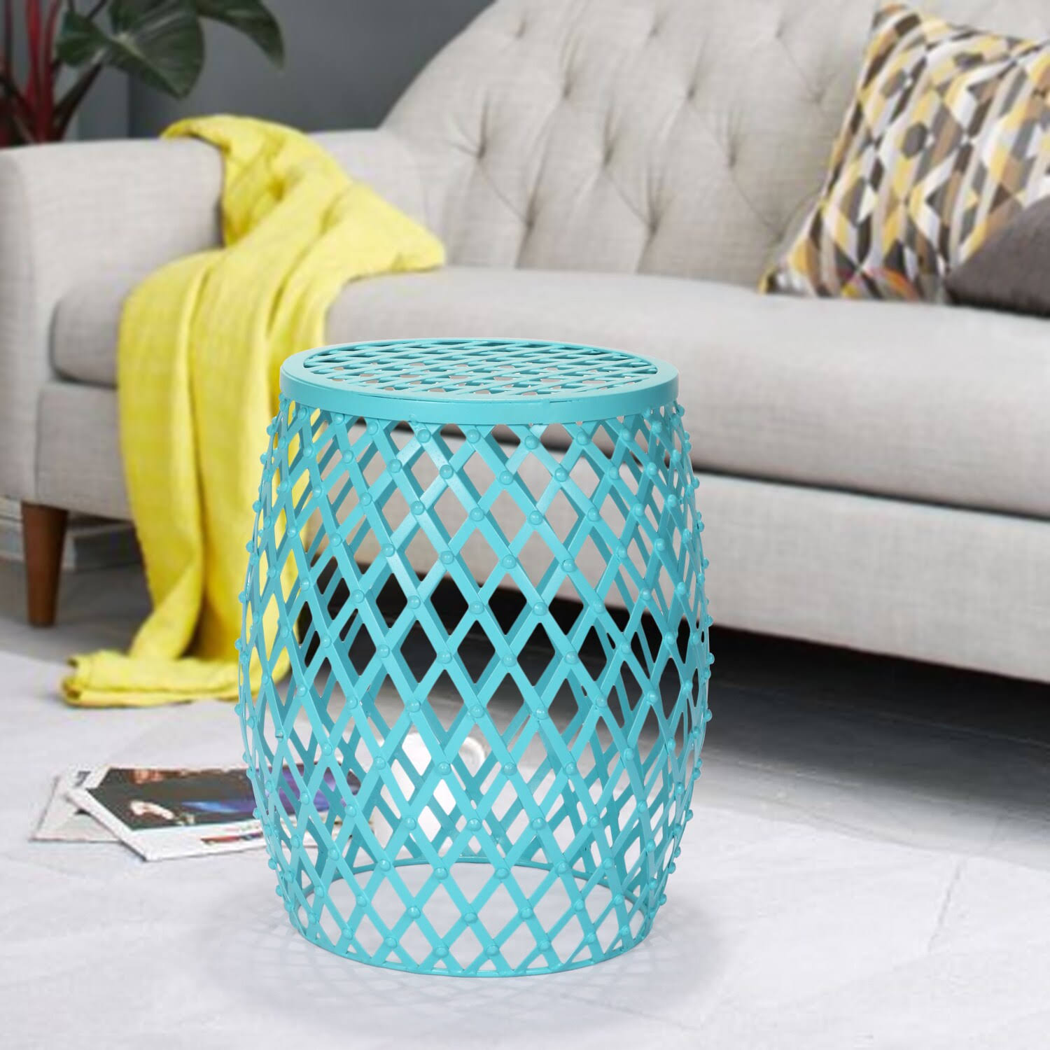 Adeco Orange Home Garden Accents Wire Round Iron Metal Stool Side Table Plant Stand