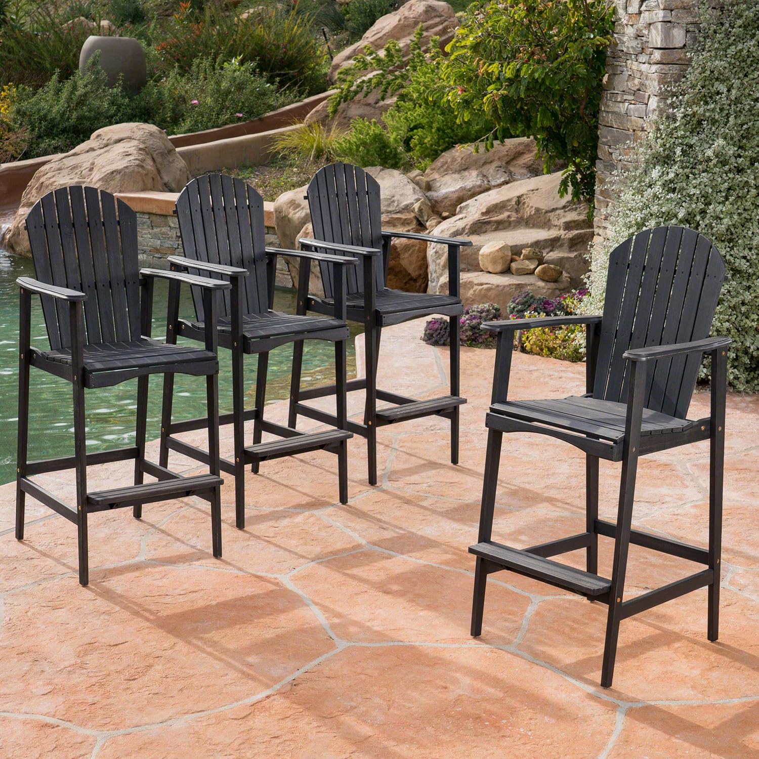 Christopher Knight Home Malibu Outdoor Acacia Wood Adirondack Barstools, 4-Pcs Set, Dark Grey